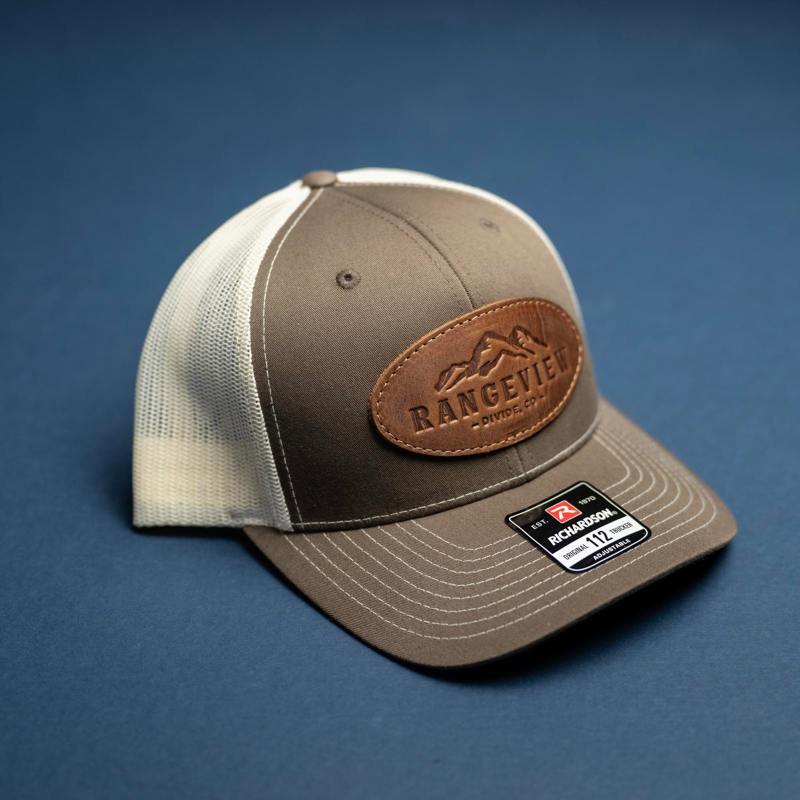 SALE - Debossed Heat Pressed - Chocolate Chip/Birch Richardson 112 Custom Leather Patch Trucker Hat