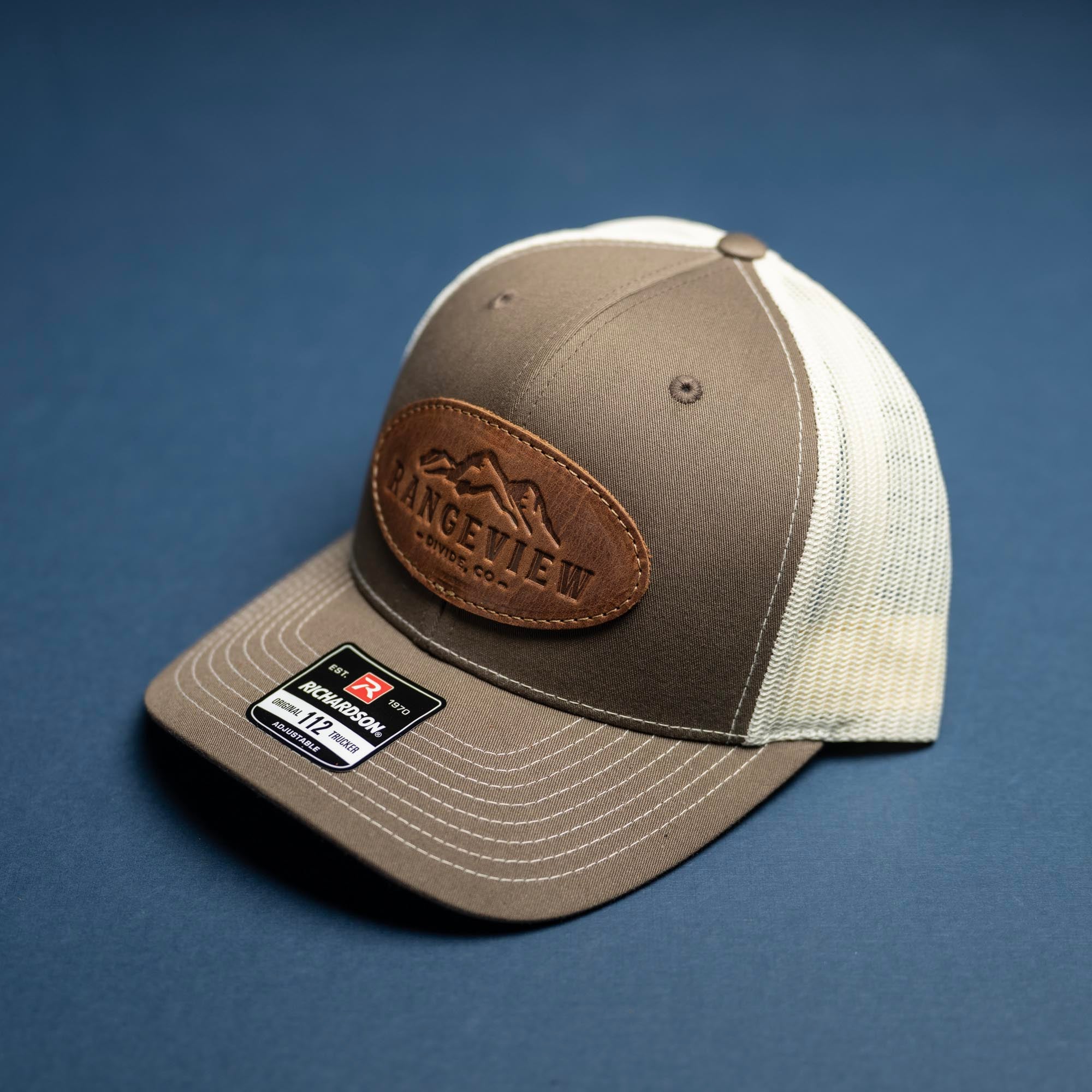 SALE - Debossed Heat Pressed - Chocolate Chip/Birch Richardson 112 Custom Leather Patch Trucker Hat