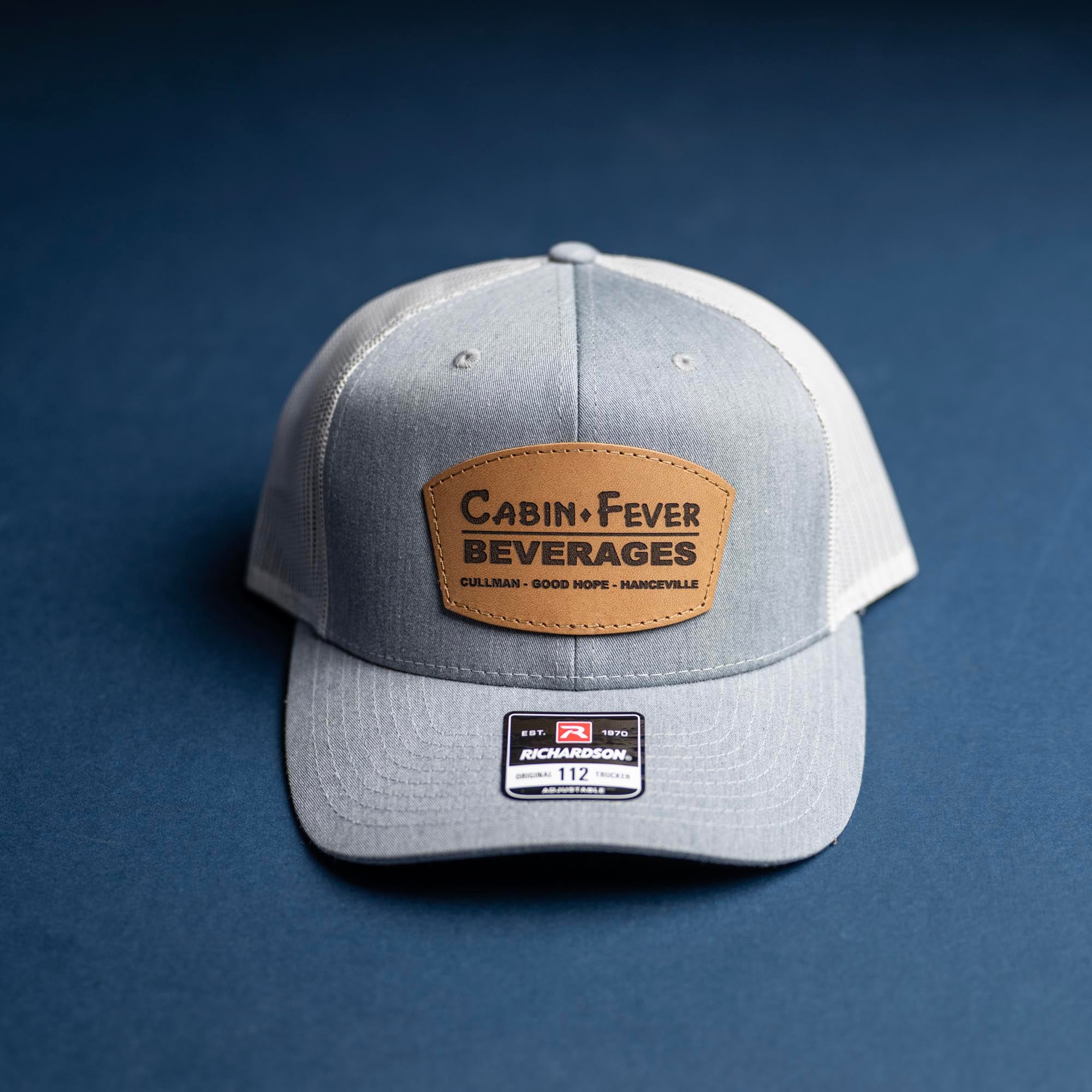 SALE - Lasered - Heather Grey/White Richardson 112 Custom Leather Patch Trucker Hat