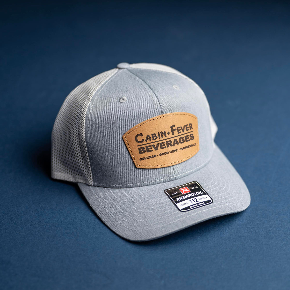 SALE - Lasered - Heather Grey/White Richardson 112 Custom Leather Patch Trucker Hat