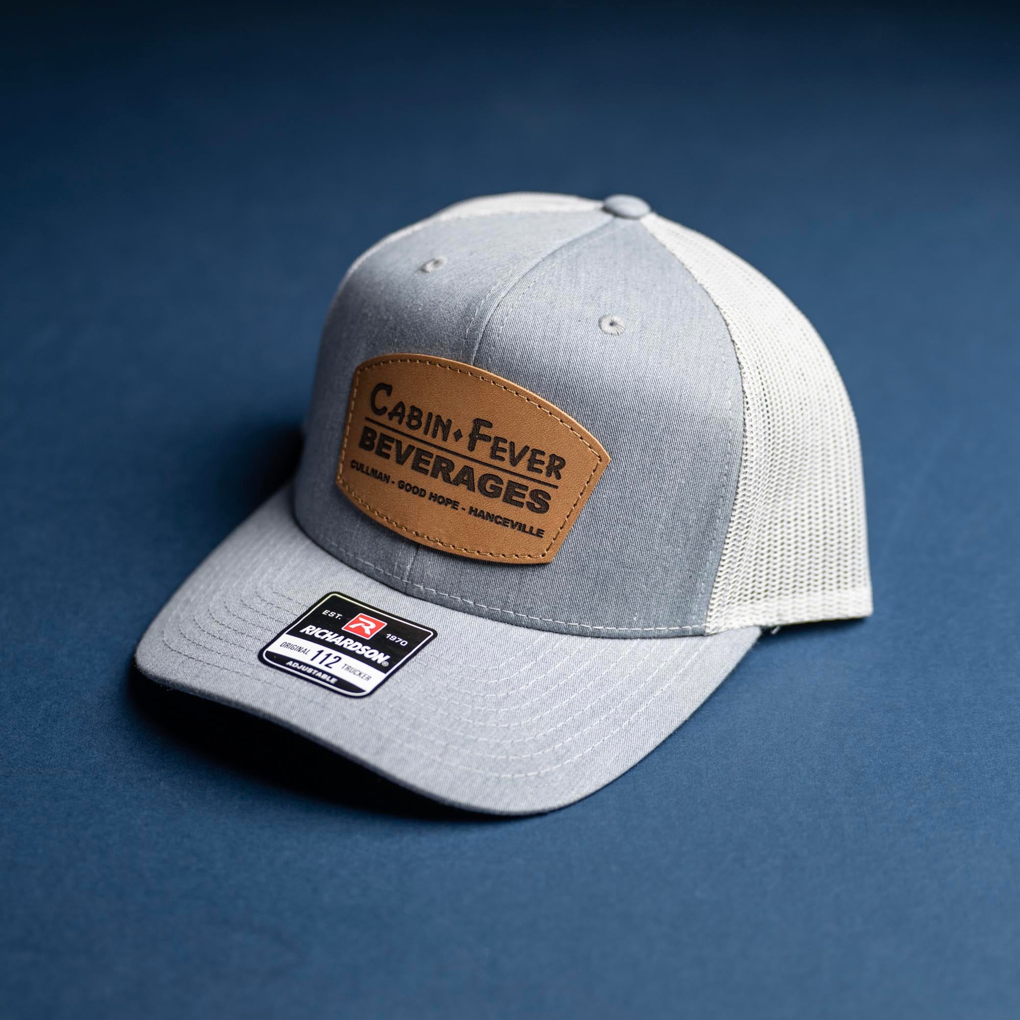 SALE - Lasered - Heather Grey/White Richardson 112 Custom Leather Patch Trucker Hat
