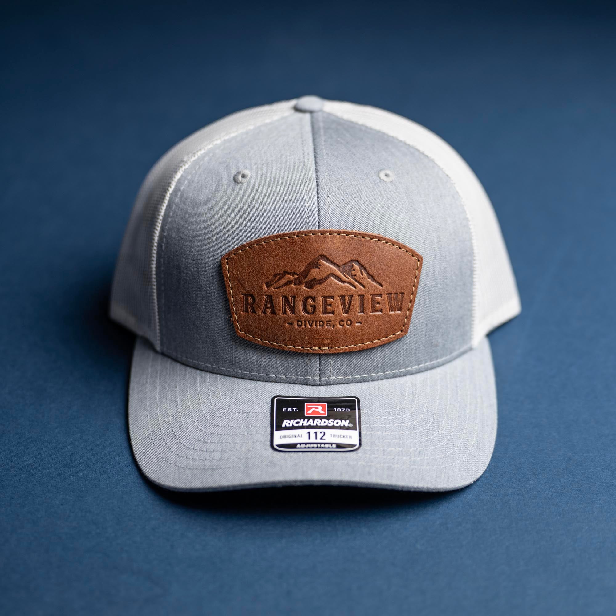 SALE - Debossed Heat Pressed - Heather Grey/White Richardson 112 Custom Leather Patch Trucker Hat