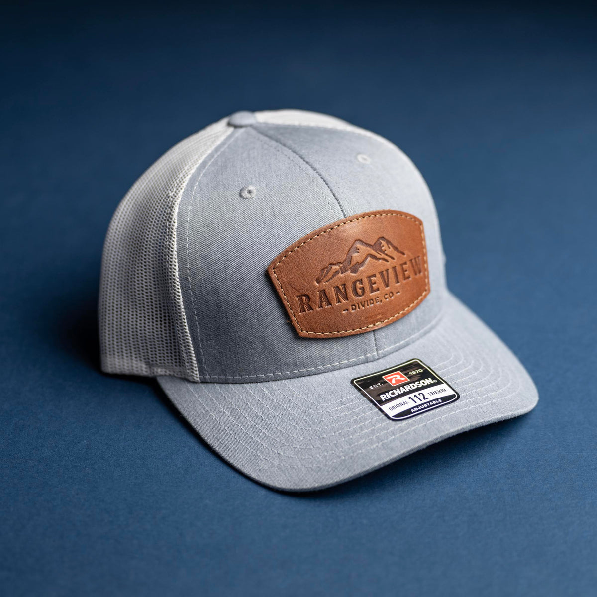 SALE - Debossed Heat Pressed - Heather Grey/White Richardson 112 Custom Leather Patch Trucker Hat