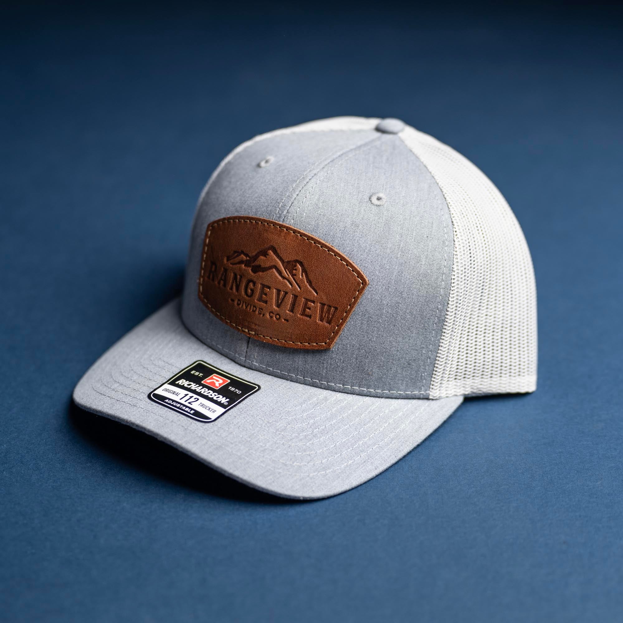SALE - Debossed Heat Pressed - Heather Grey/White Richardson 112 Custom Leather Patch Trucker Hat