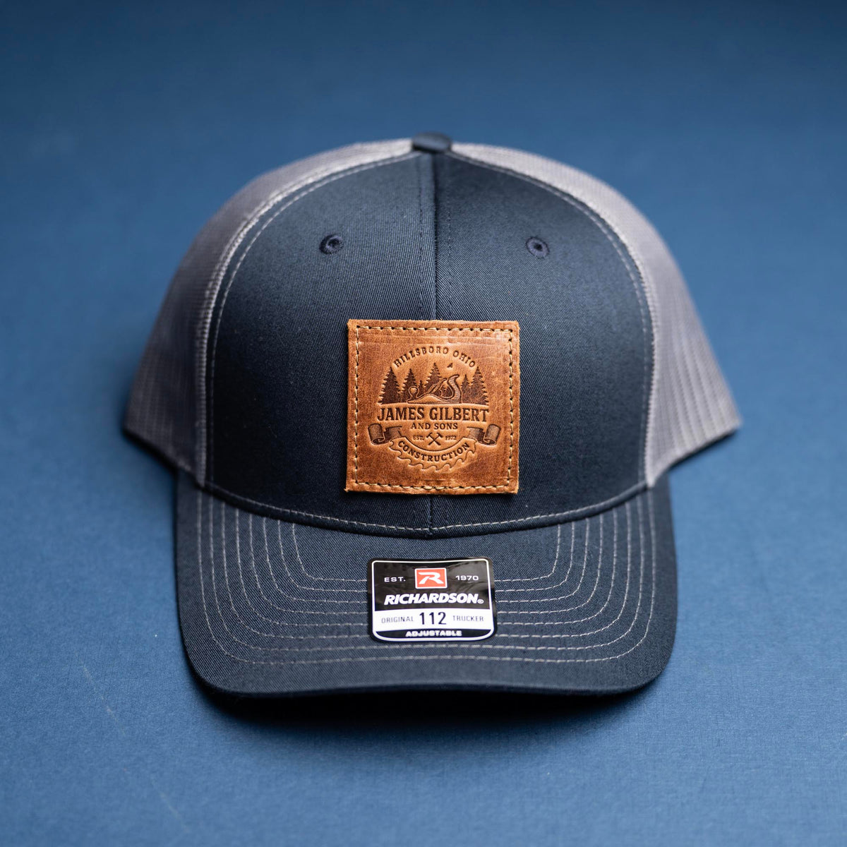 SALE - Debossed Heat Pressed - Navy/Charcoal Richardson 112 Custom Leather Patch Trucker Hat