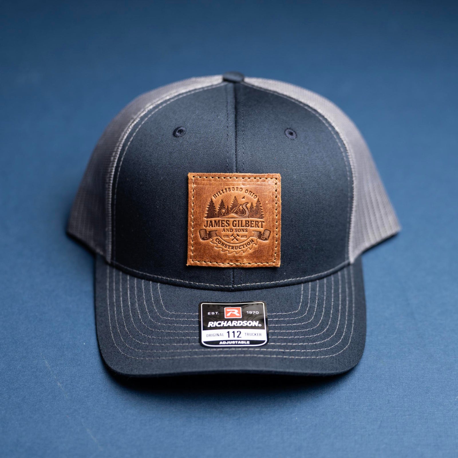 SALE - Debossed Heat Pressed - Navy/Charcoal Richardson 112 Custom Leather Patch Trucker Hat