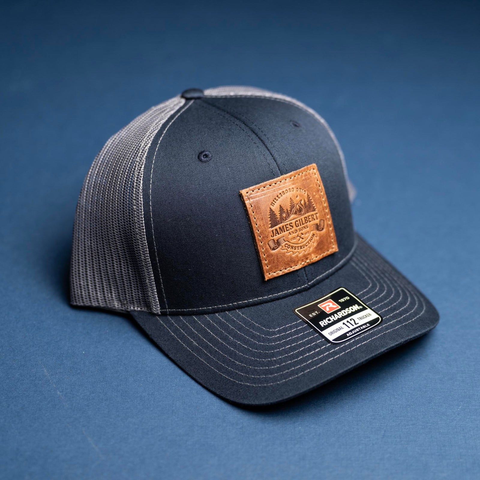 SALE - Debossed Heat Pressed - Navy/Charcoal Richardson 112 Custom Leather Patch Trucker Hat