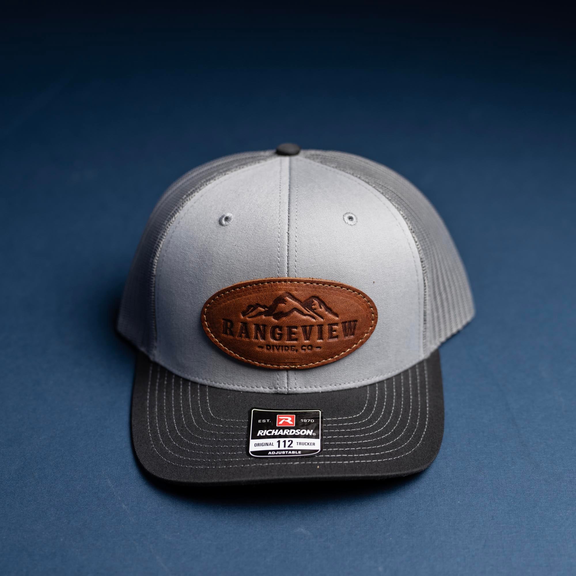 SALE - Debossed Heat Pressed - Grey/Charcoal/Black Richardson 112 Custom Leather Patch Trucker Hat