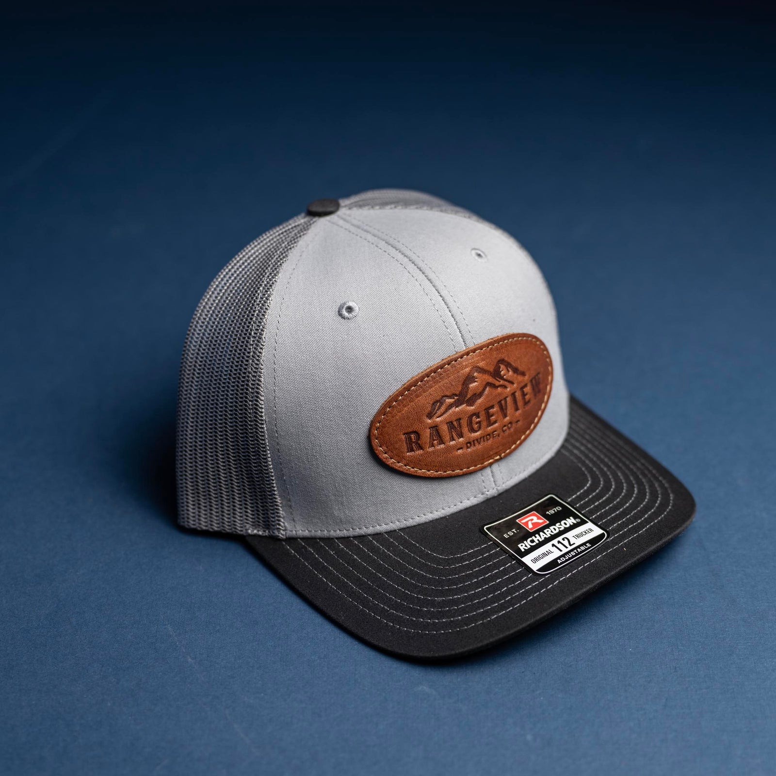 SALE - Debossed Heat Pressed - Grey/Charcoal/Black Richardson 112 Custom Leather Patch Trucker Hat