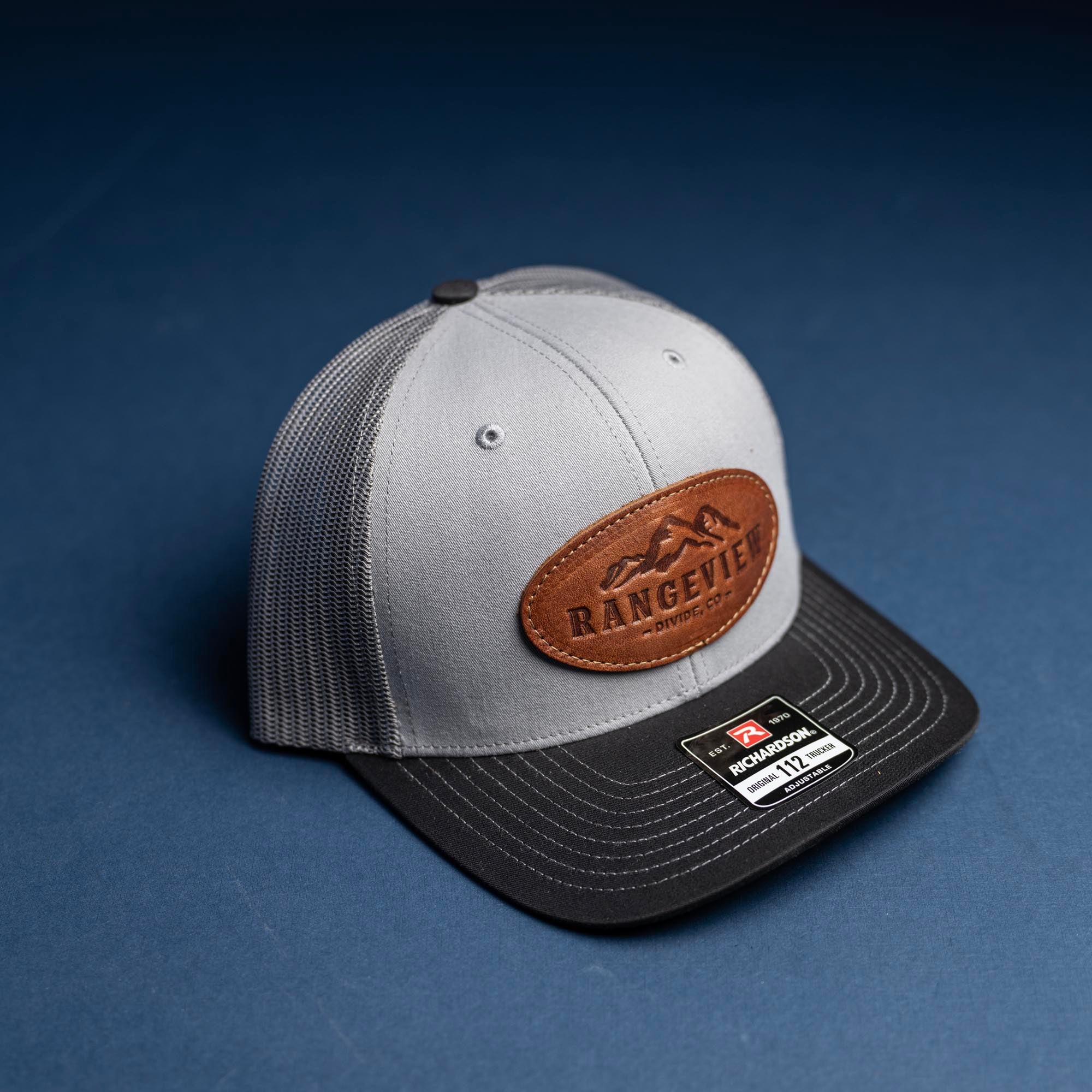 SALE - Debossed Heat Pressed - Grey/Charcoal/Black Richardson 112 Custom Leather Patch Trucker Hat