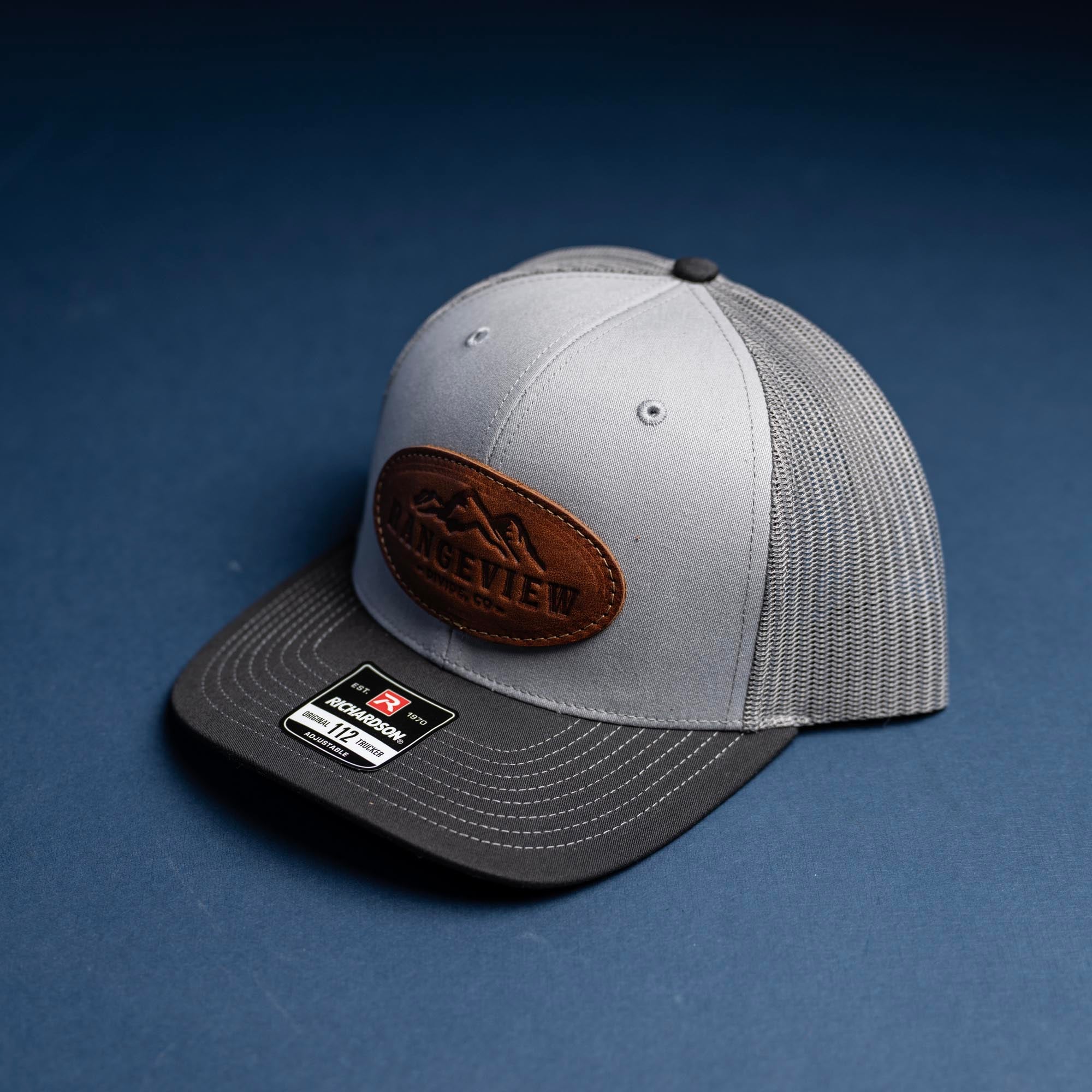 SALE - Debossed Heat Pressed - Grey/Charcoal/Black Richardson 112 Custom Leather Patch Trucker Hat