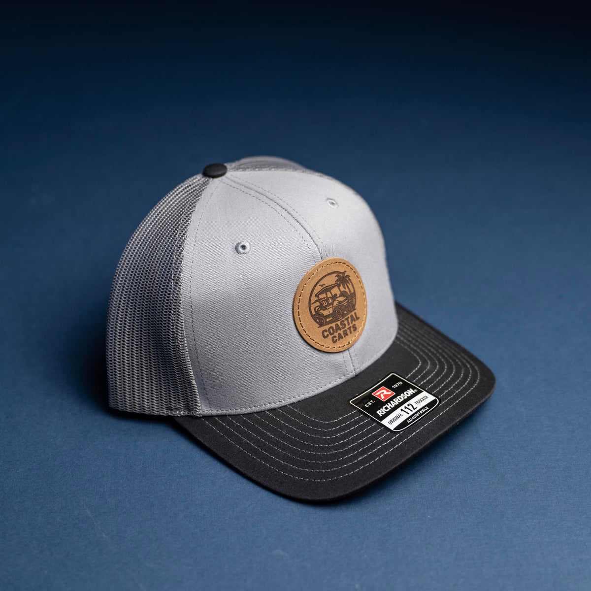 SALE - Lasered - Grey/Charcoal/Black Richardson 112 Custom Leather Patch Trucker Hat