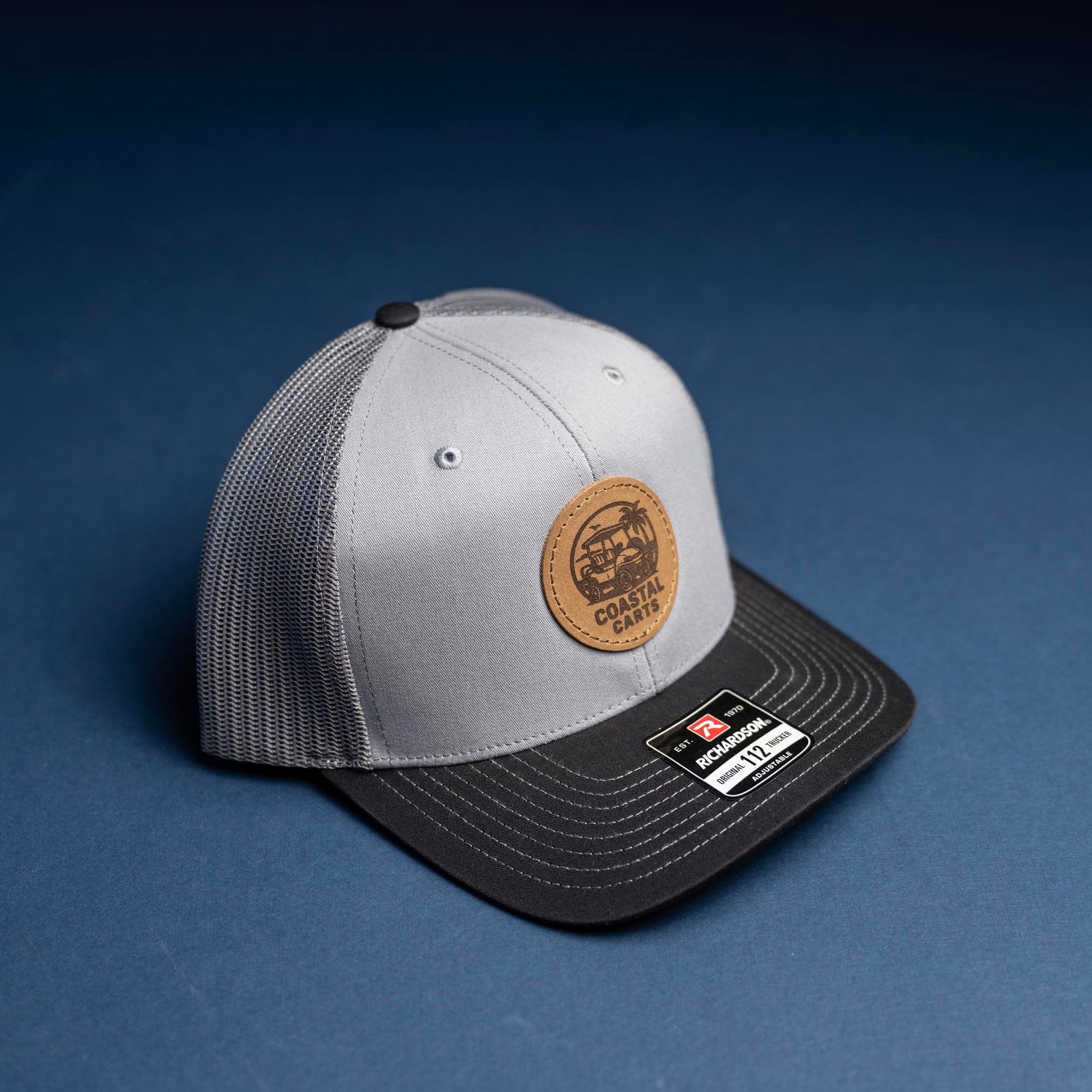 SALE - Lasered - Grey/Charcoal/Black Richardson 112 Custom Leather Patch Trucker Hat