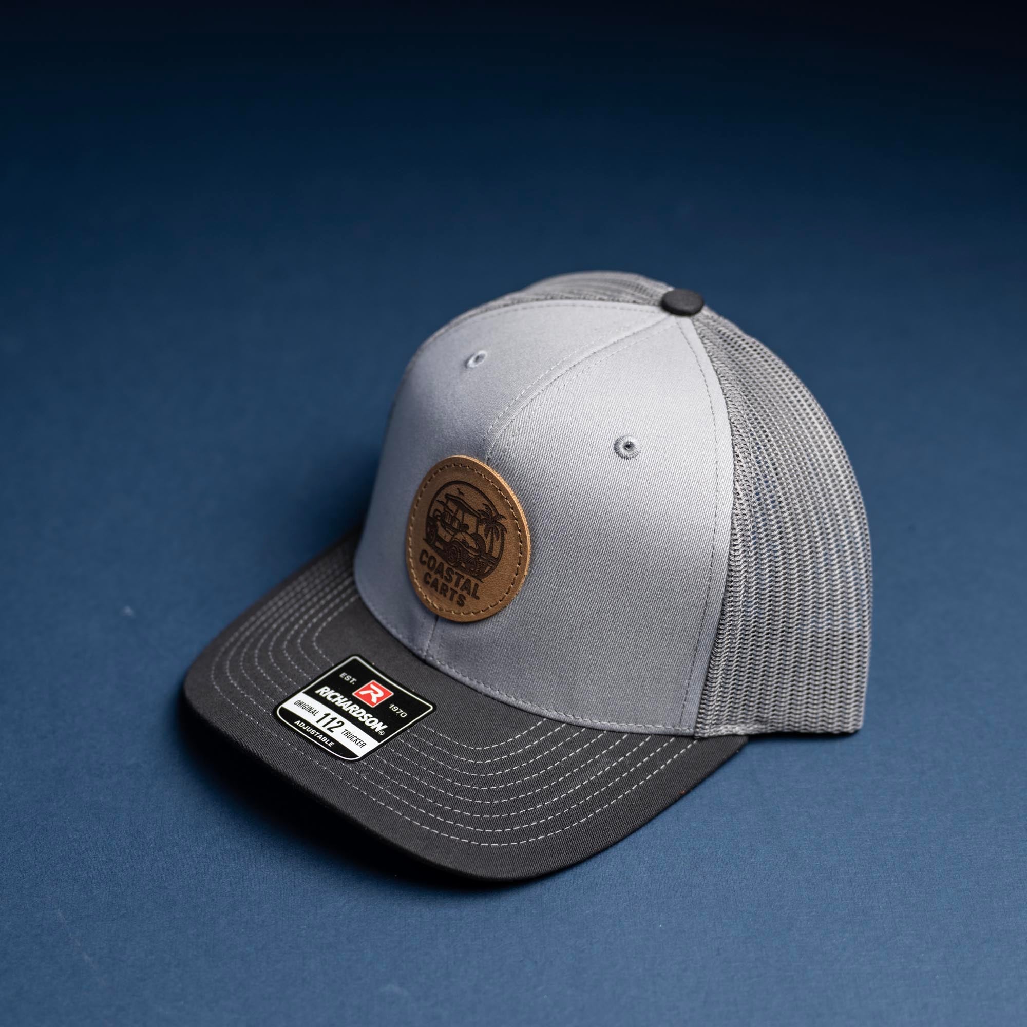 SALE - Lasered - Grey/Charcoal/Black Richardson 112 Custom Leather Patch Trucker Hat