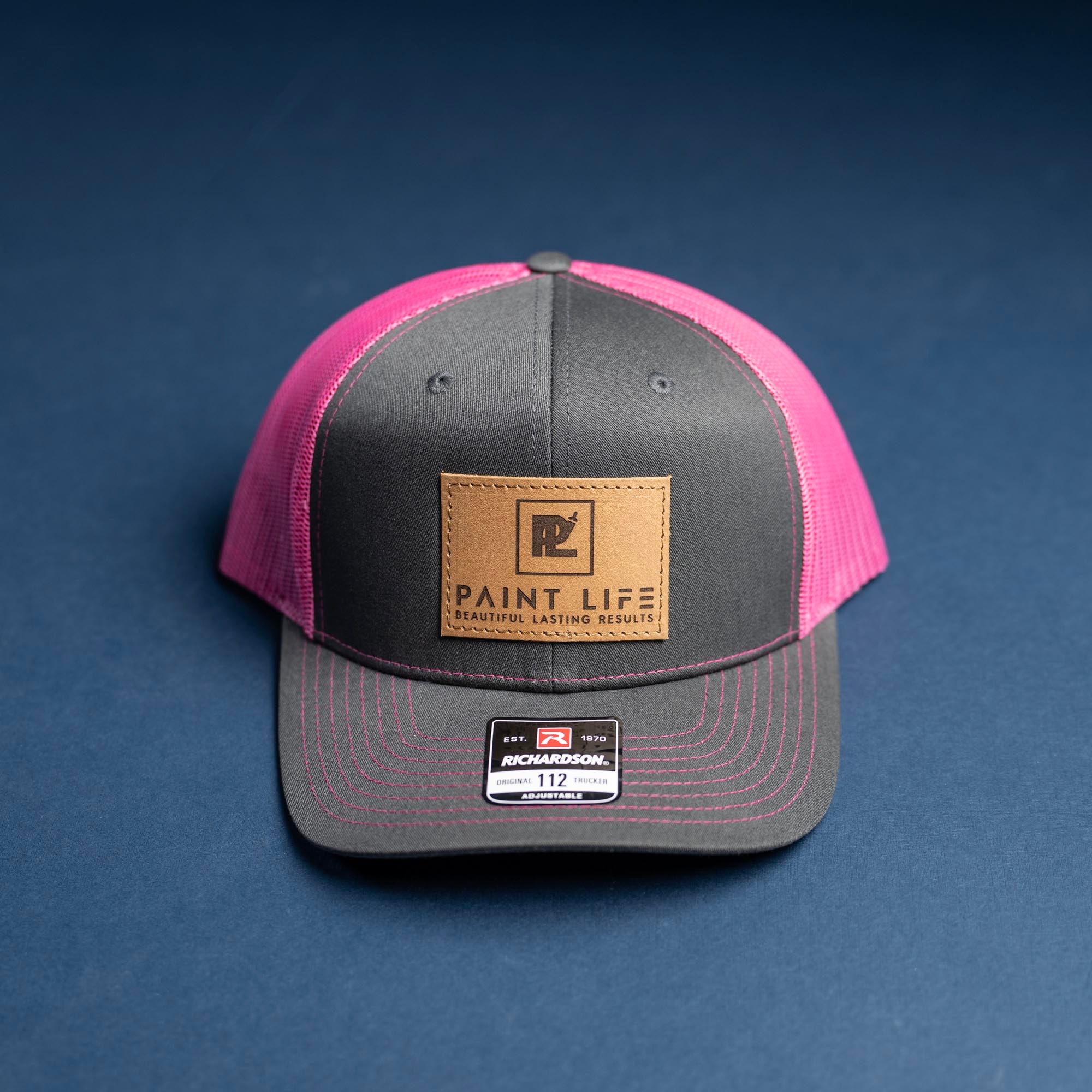 SALE - Lasered - Charcoal/Pink Richardson 112 Custom Leather Patch Trucker Hat