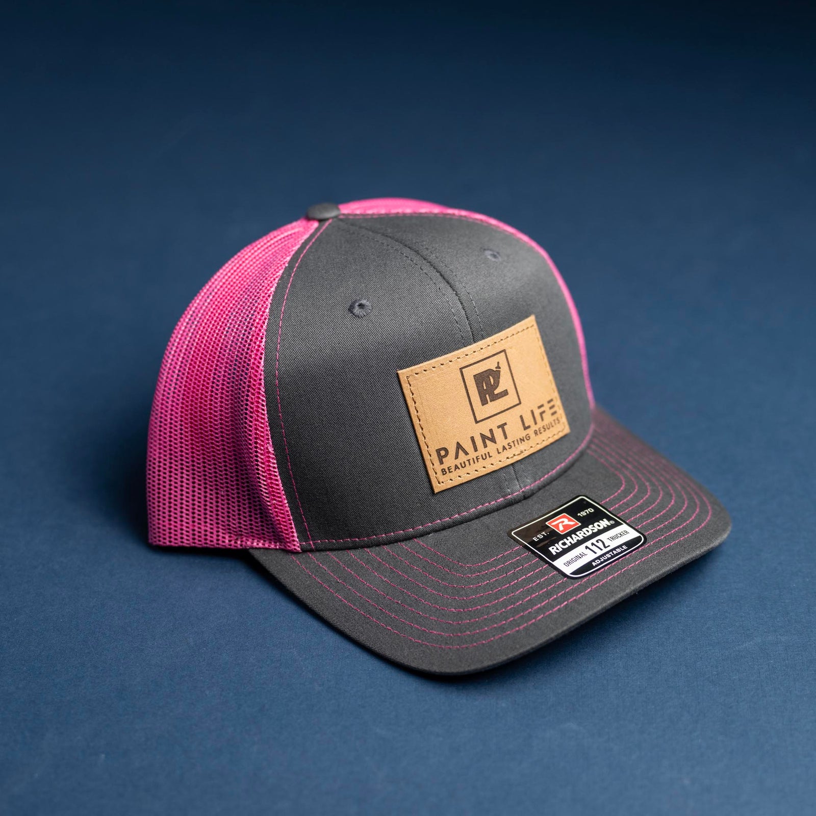 SALE - Lasered - Charcoal/Pink Richardson 112 Custom Leather Patch Trucker Hat