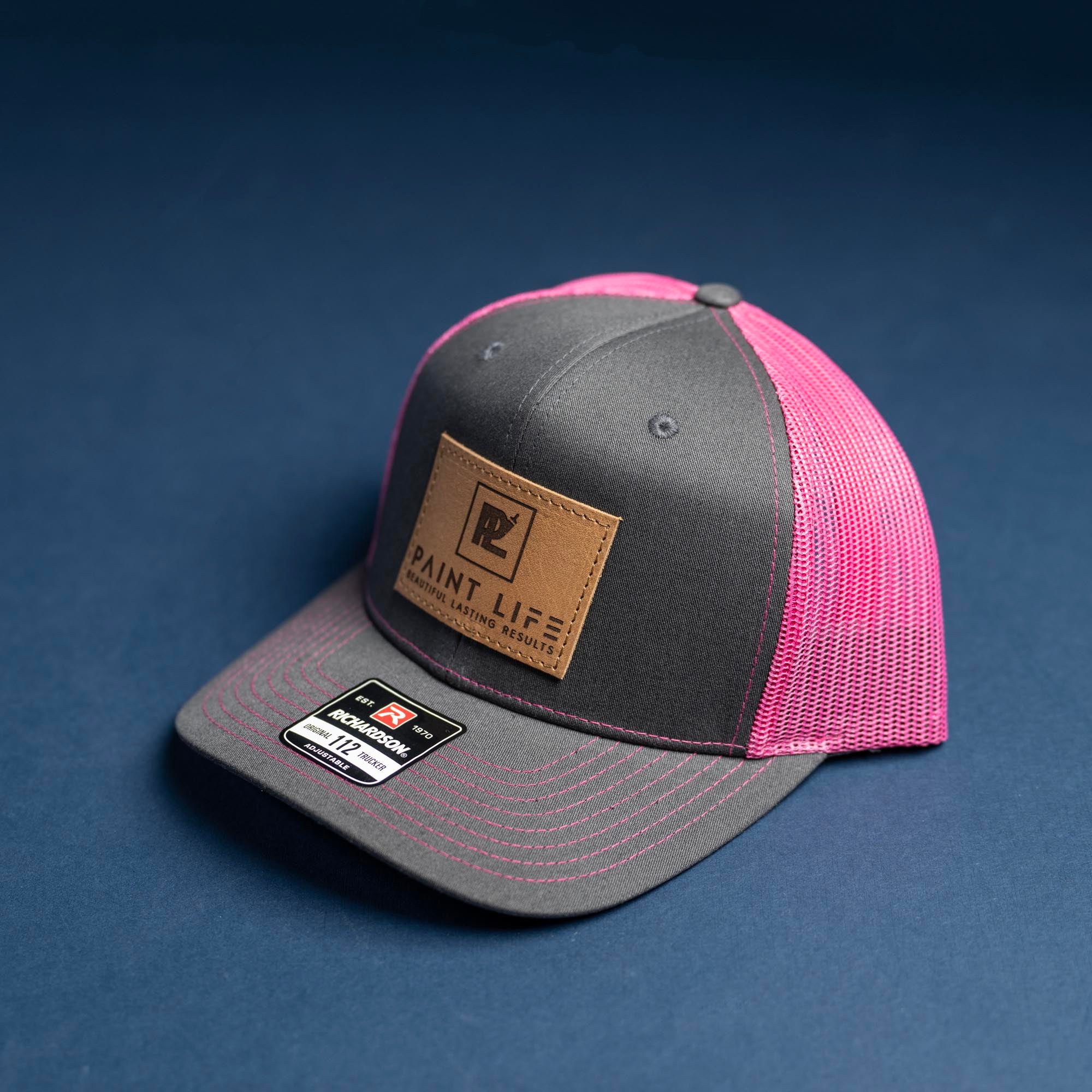 SALE - Lasered - Charcoal/Pink Richardson 112 Custom Leather Patch Trucker Hat