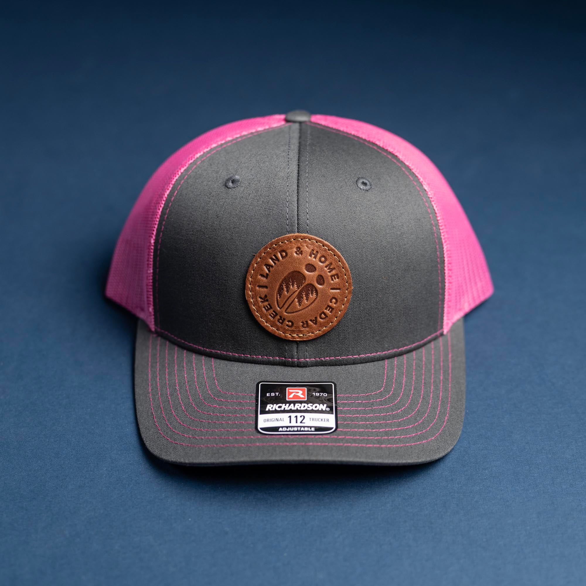 SALE - Debossed Heat Pressed - Charcoal/Pink Richardson 112 Custom Leather Patch Trucker Hat