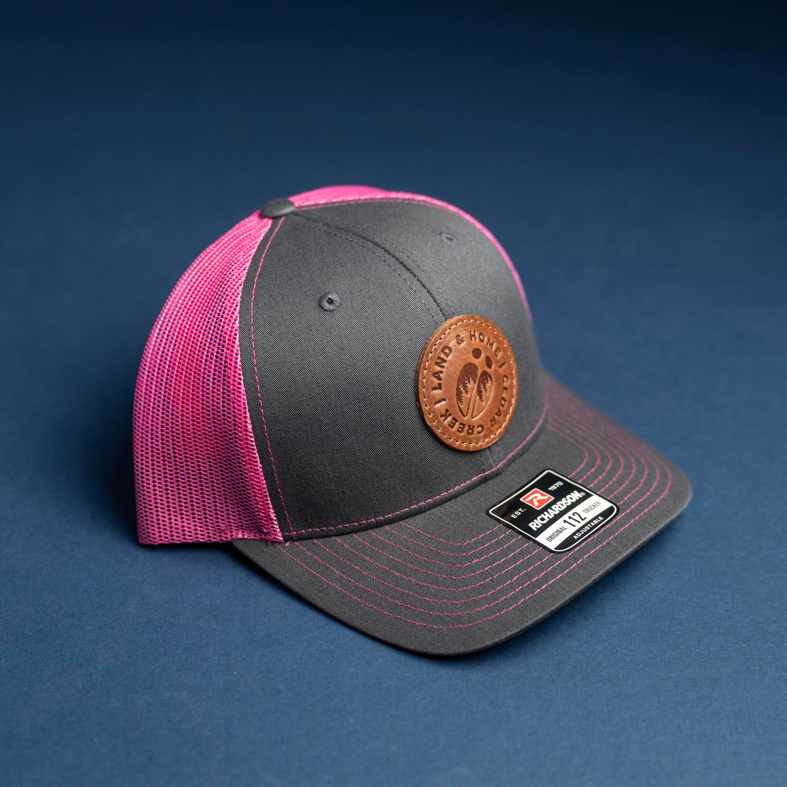 SALE - Debossed Heat Pressed - Charcoal/Pink Richardson 112 Custom Leather Patch Trucker Hat