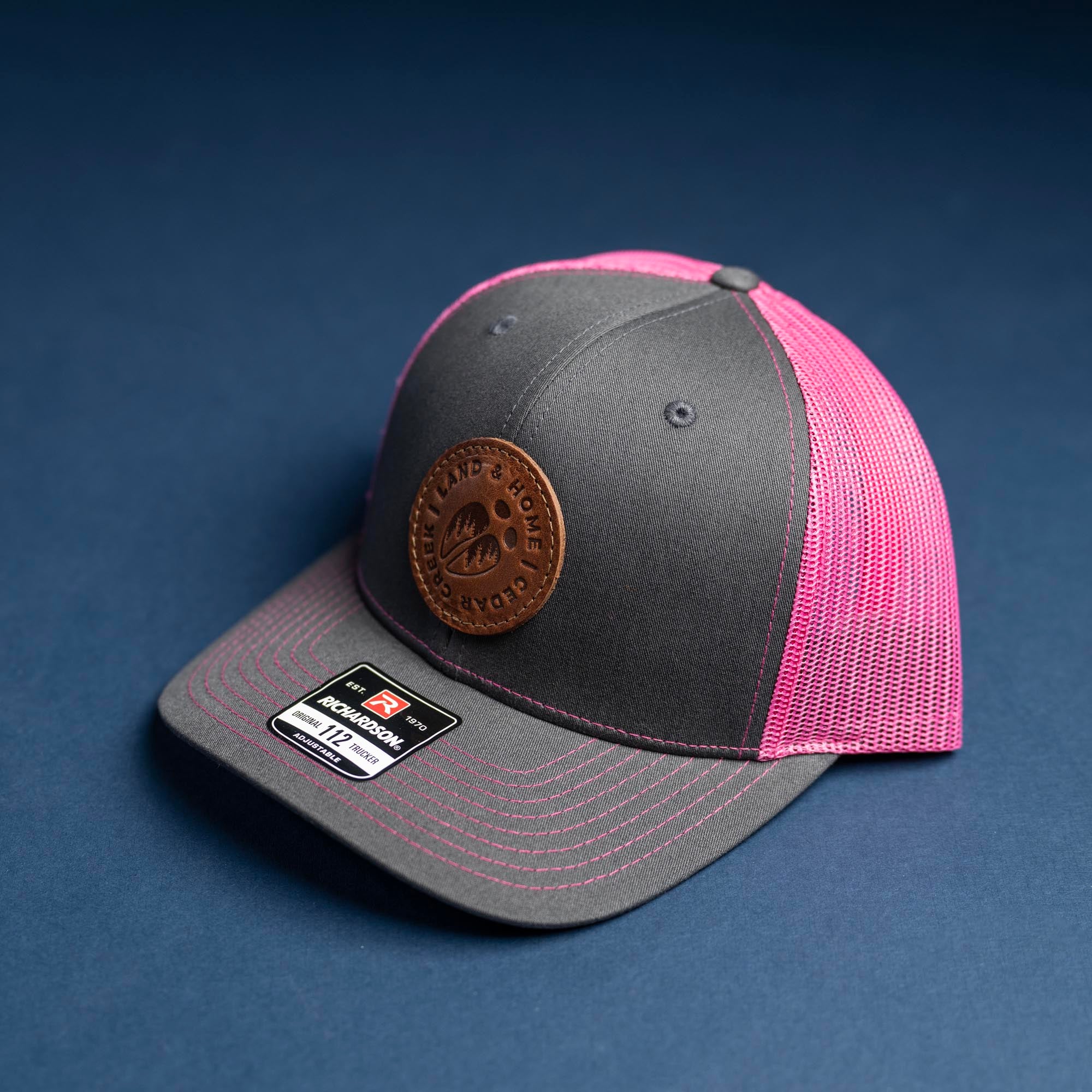 SALE - Debossed Heat Pressed - Charcoal/Pink Richardson 112 Custom Leather Patch Trucker Hat