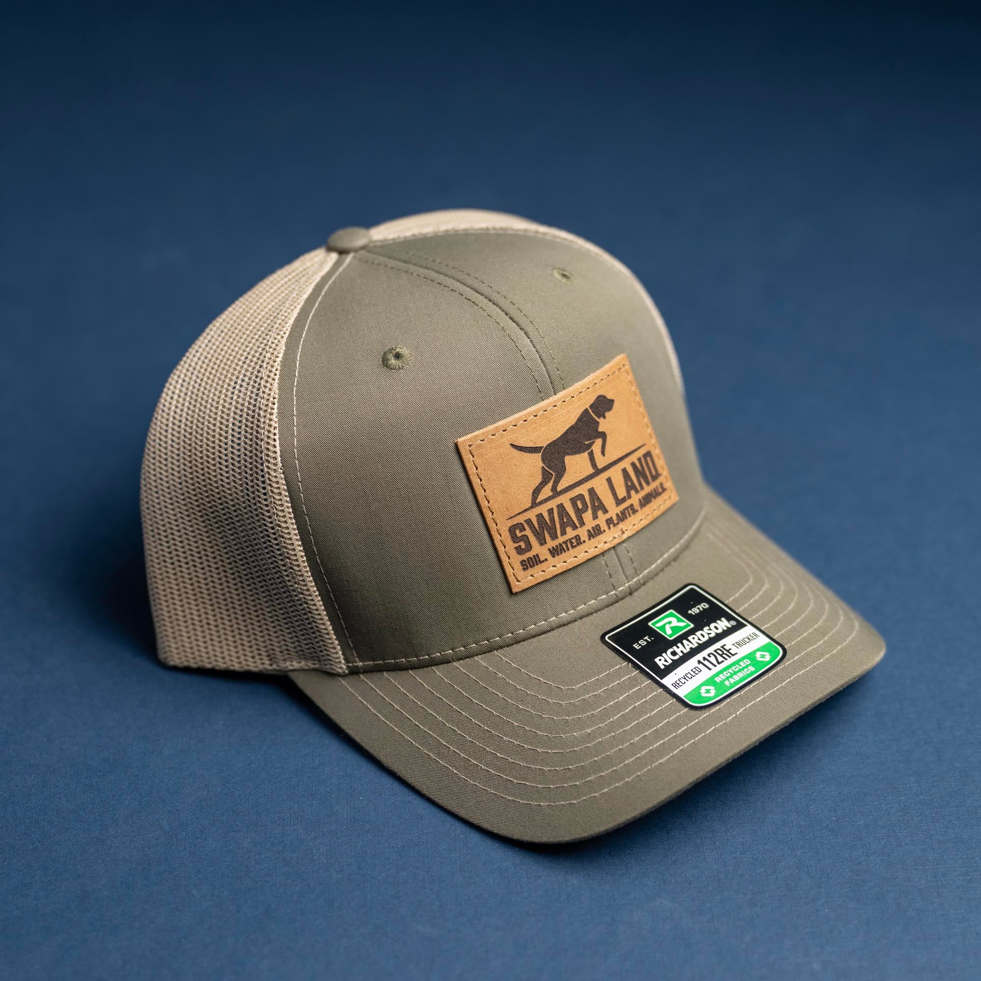 SALE - Lasered - Loden/Khaki Richardson 112RE Custom Leather Patch Trucker Hat