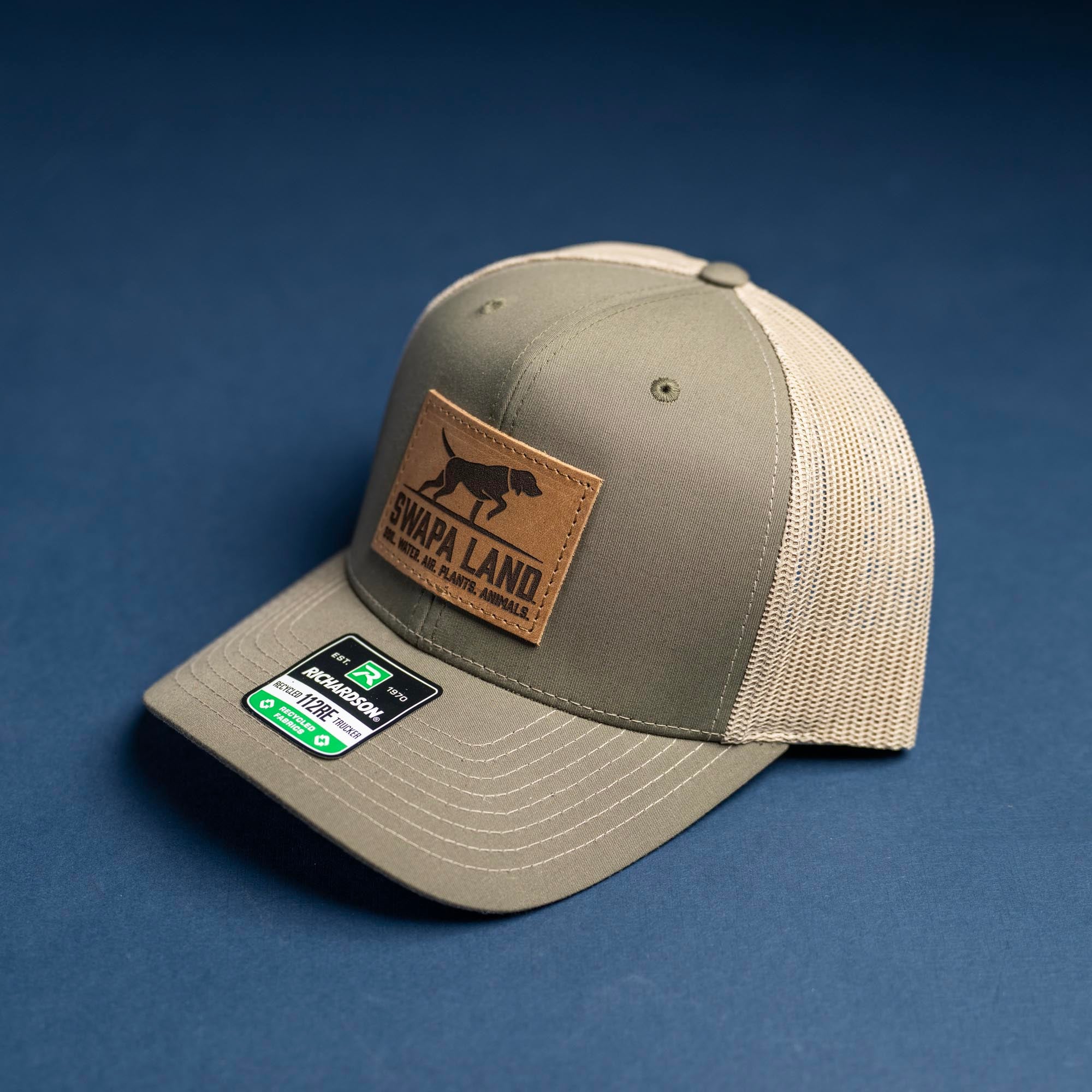 SALE - Lasered - Loden/Khaki Richardson 112RE Custom Leather Patch Trucker Hat