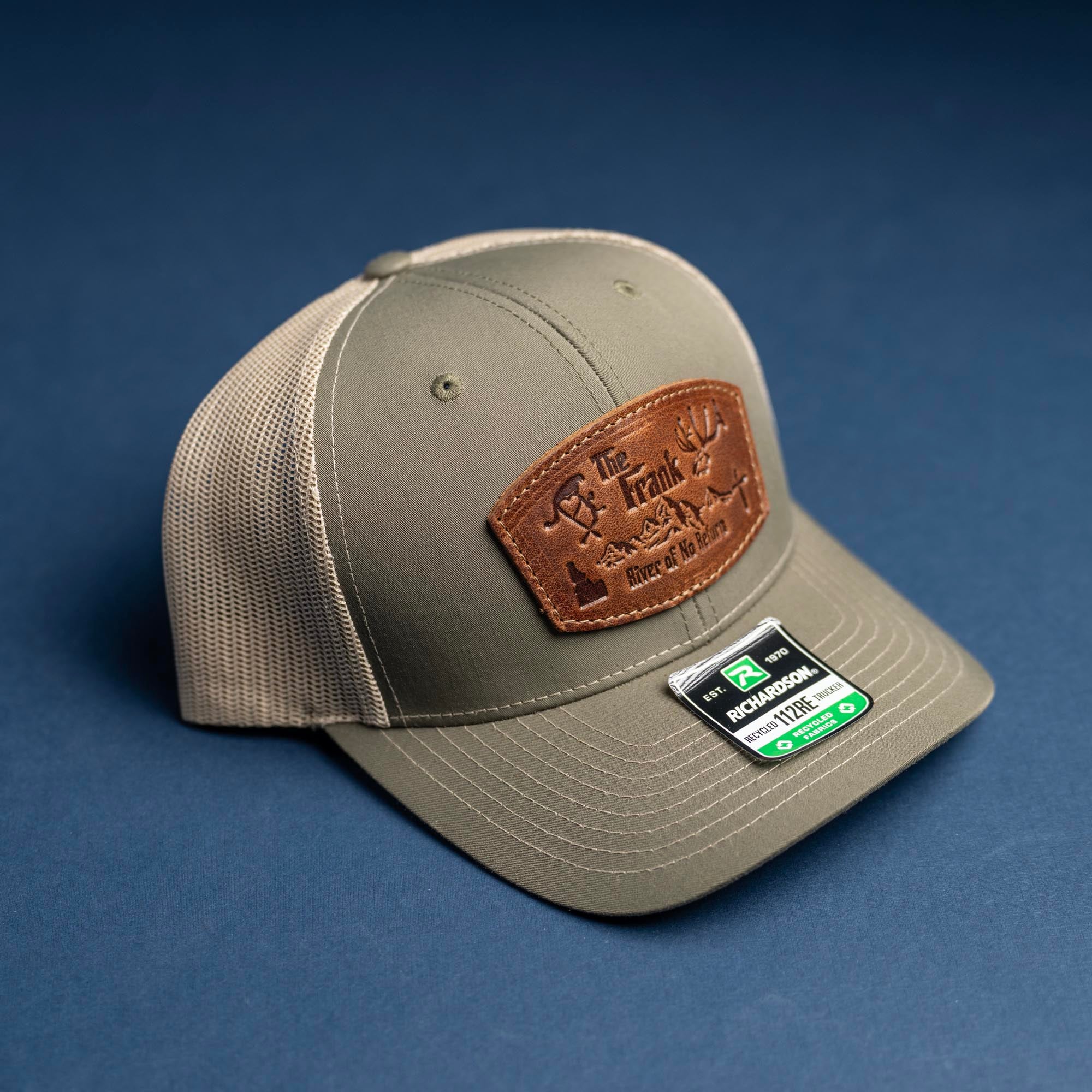 SALE - Debossed Heat Pressed - Loden/Khaki Richardson 112RE Custom Leather Patch Trucker Hat