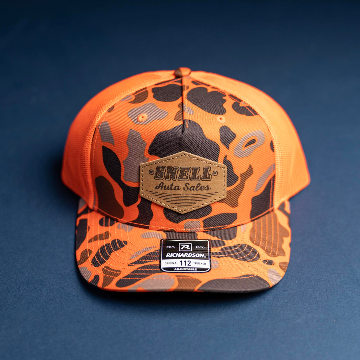 Lasered Leather Patch Trucker Hat - Camo Richardson 112PFP - Customized with YOUR LOGO