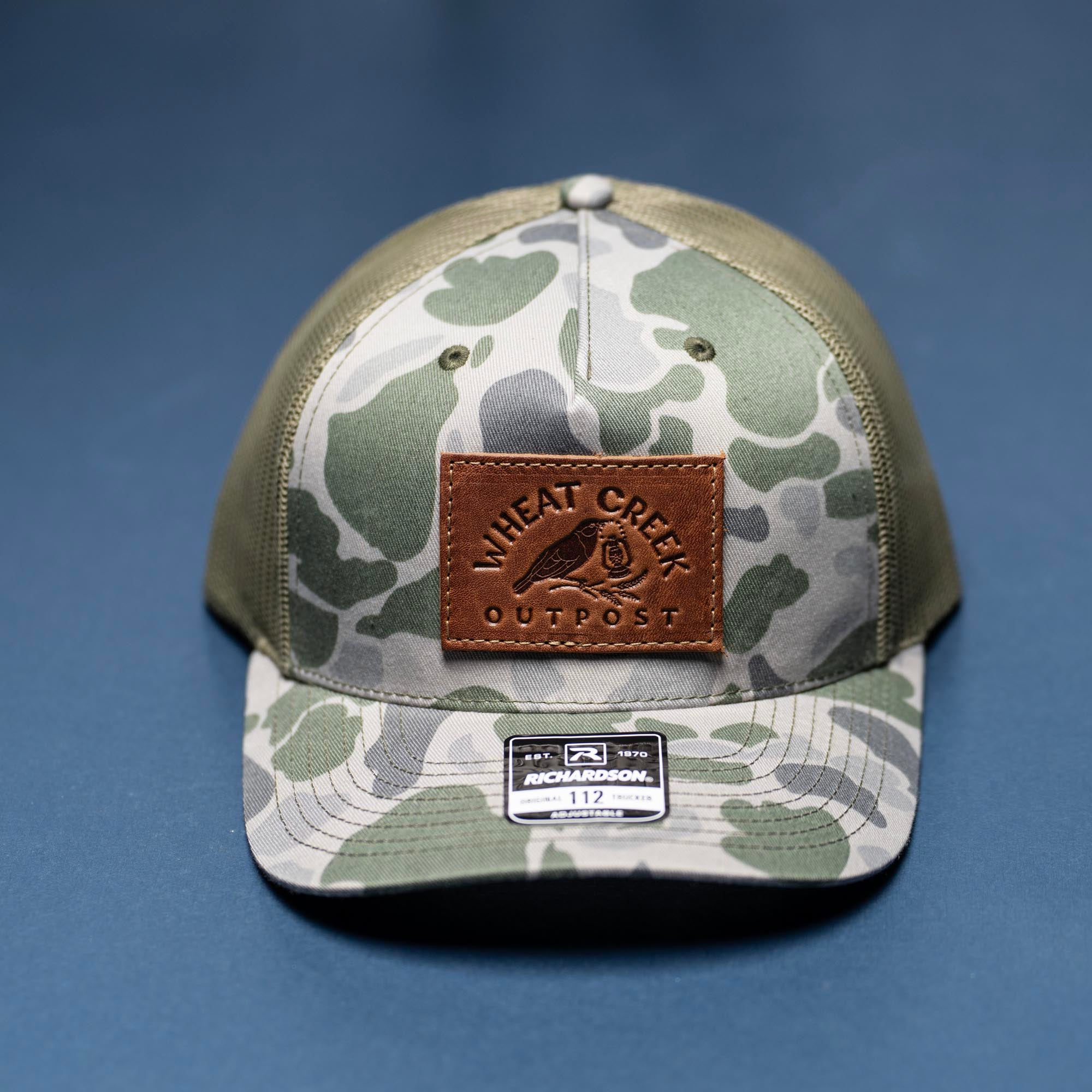 Debossed Leather Patch Trucker Hat - Camo Richardson 112PFP - Customized with YOUR LOGO