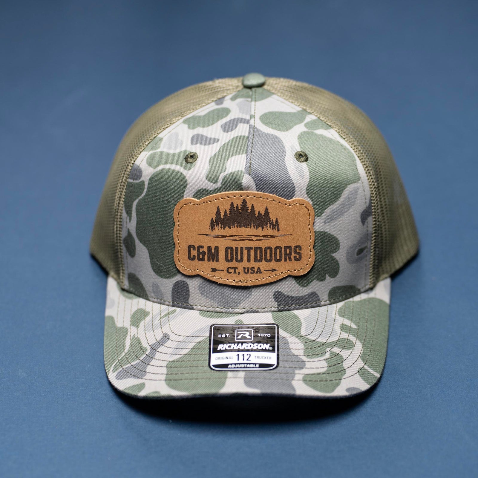 Lasered Leather Patch Trucker Hat - Camo Richardson 112PFP - Customized with YOUR LOGO