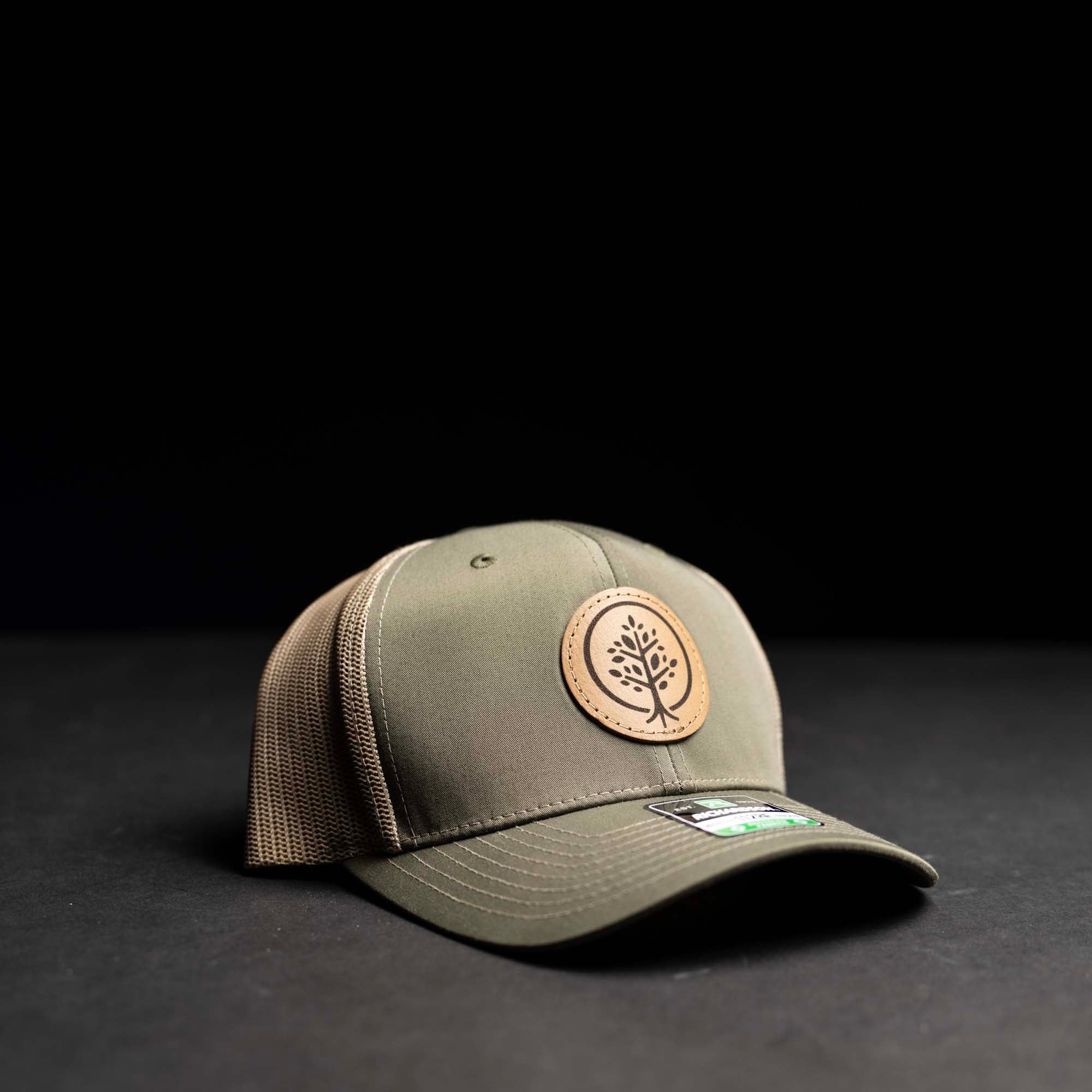 Lasered Leather Patch Trucker Hat ~ Richardson 112RE Recycled Hat ~ Customized with YOUR LOGO