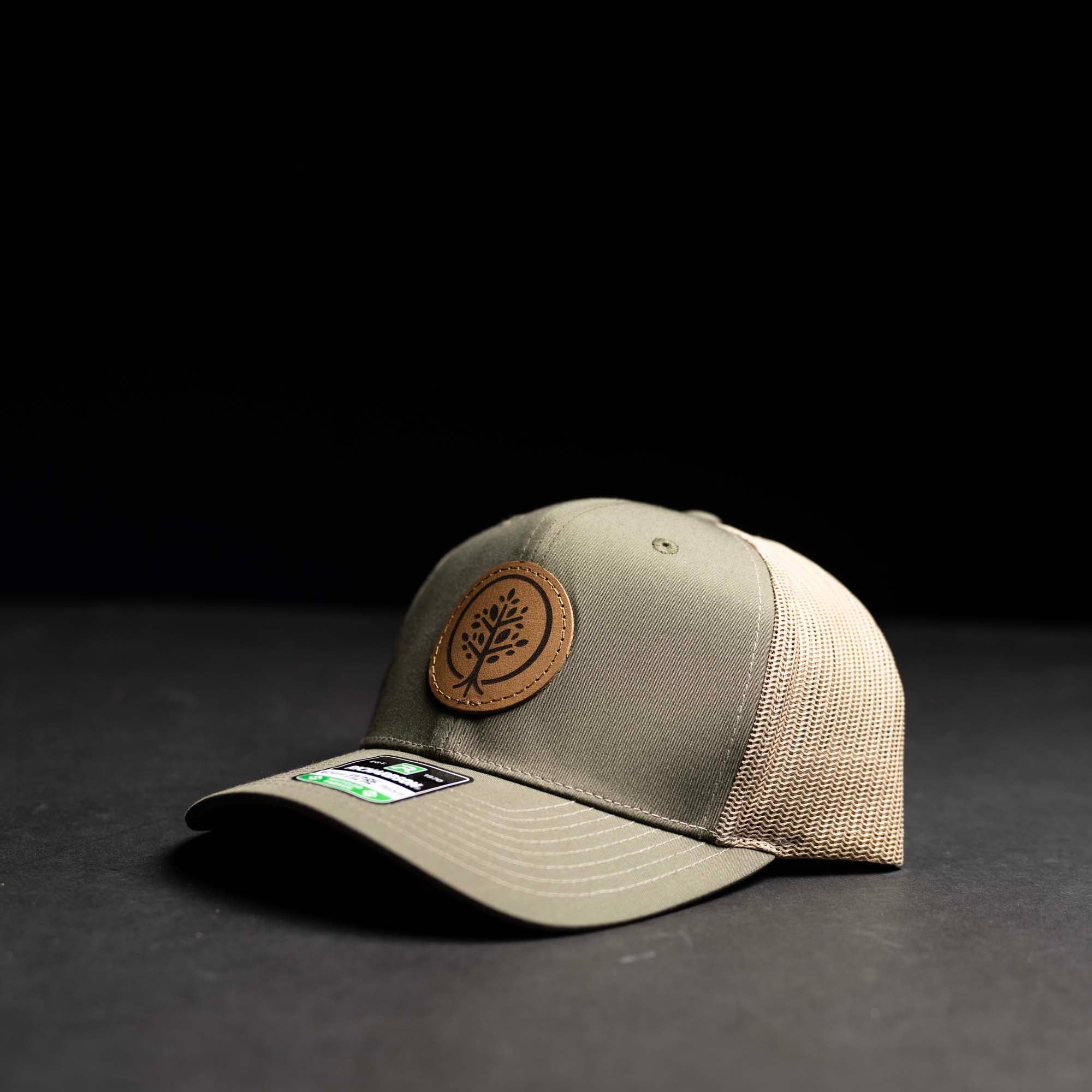 Lasered Leather Patch Trucker Hat ~ Richardson 112RE Recycled Hat ~ Customized with YOUR LOGO