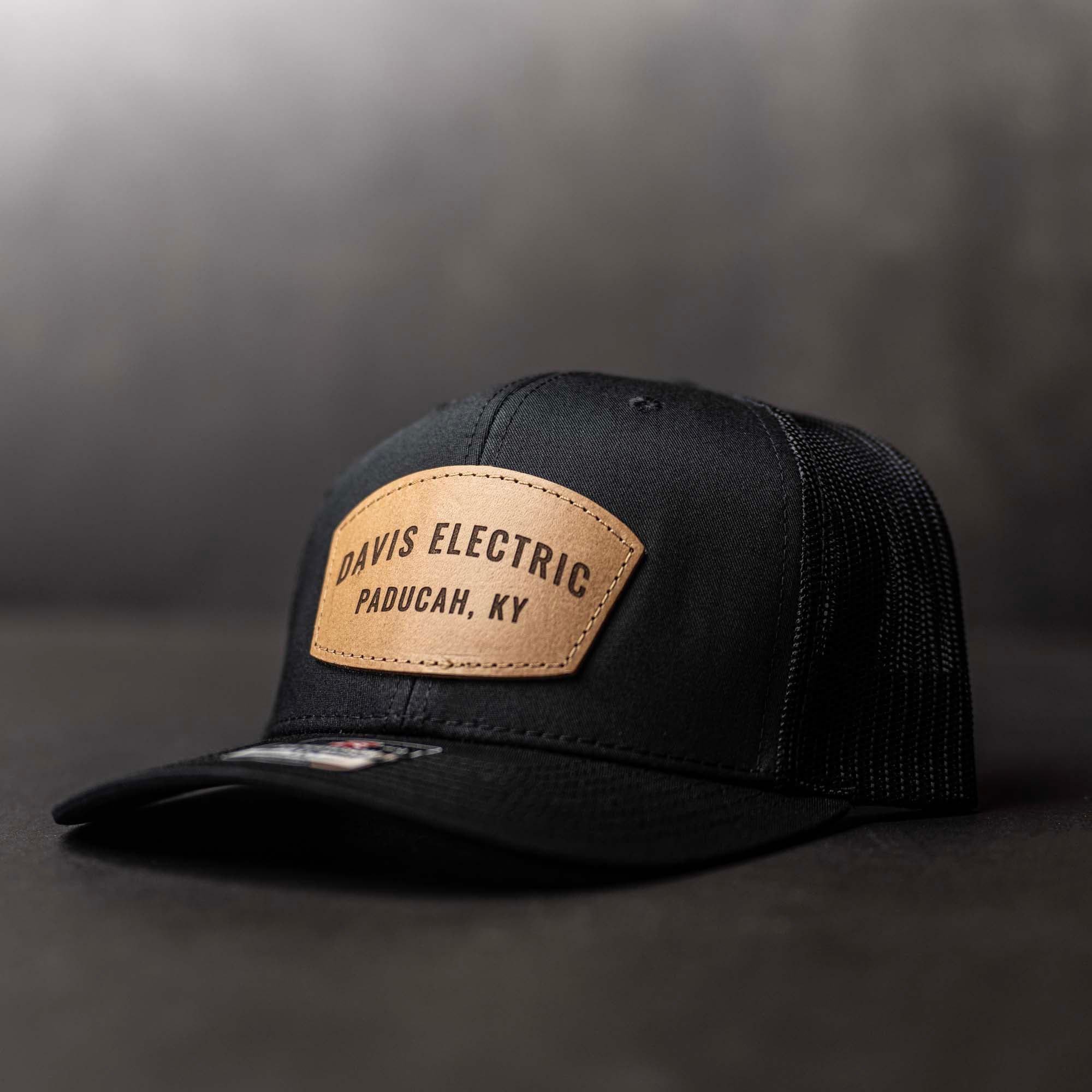 SALE - Lasered - Solid Black Richardson 112 Custom Leather Patch Trucker Hat