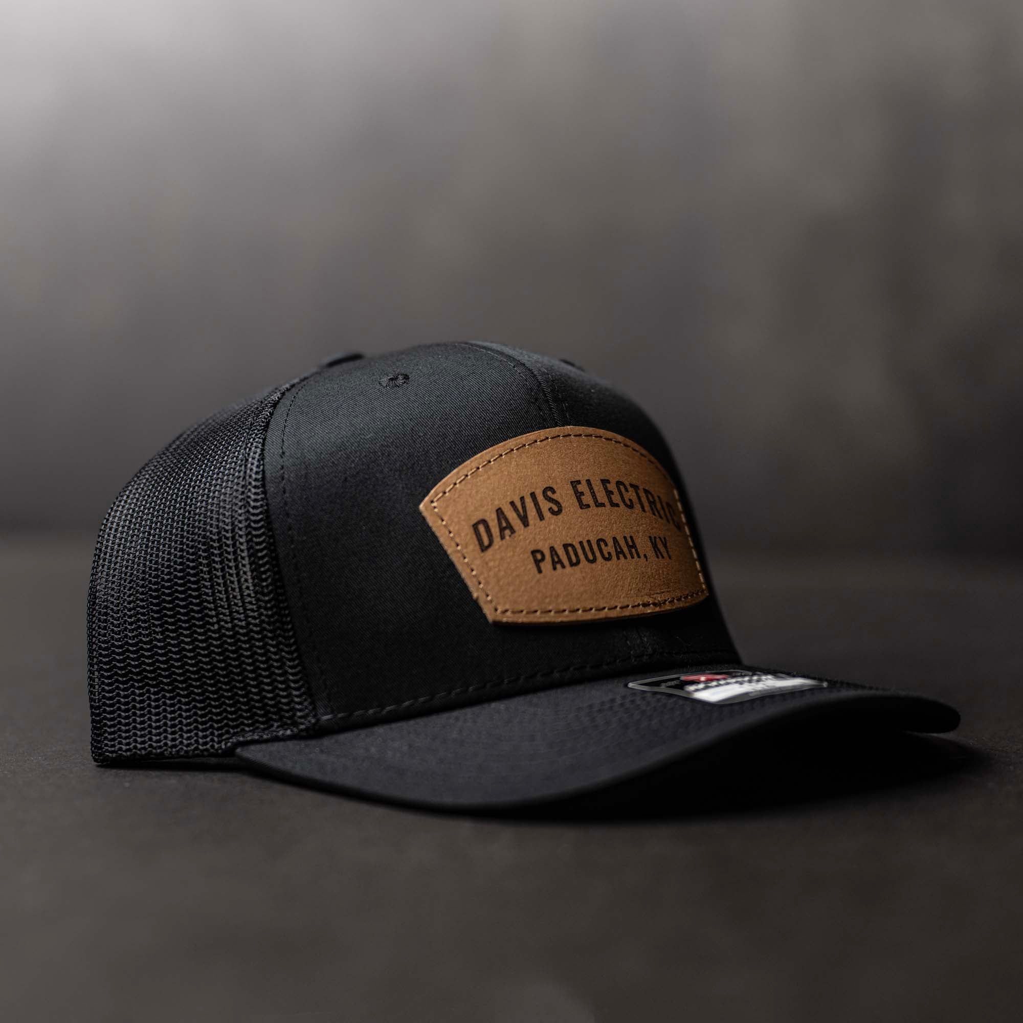 SALE - Lasered - Solid Black Richardson 112 Custom Leather Patch Trucker Hat
