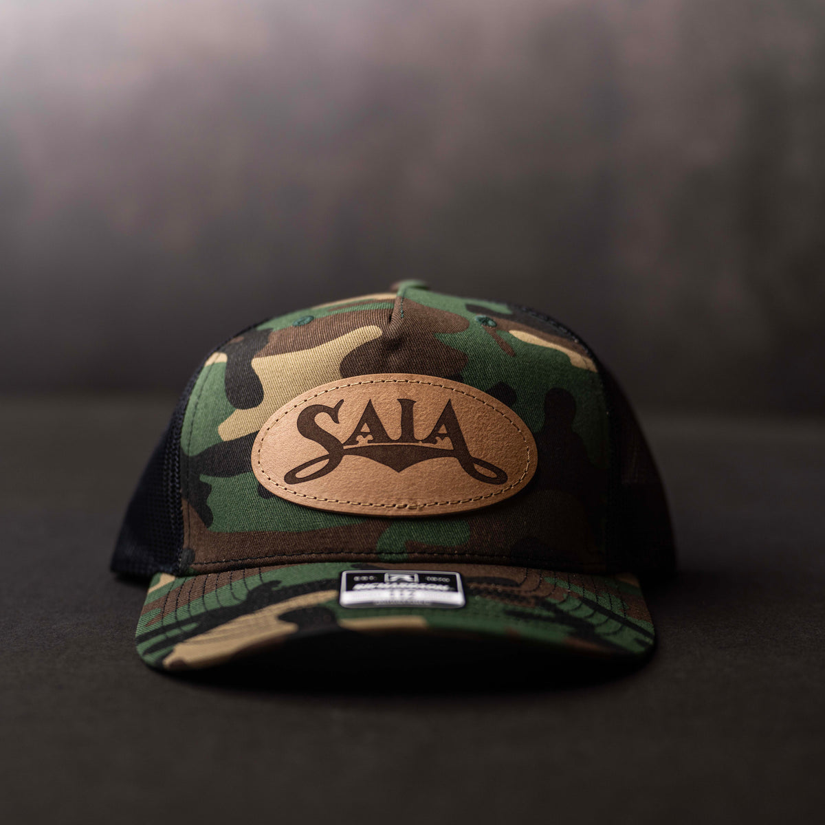 Lasered Leather Patch Trucker Hat - Camo Richardson 112PFP - Customized with YOUR LOGO