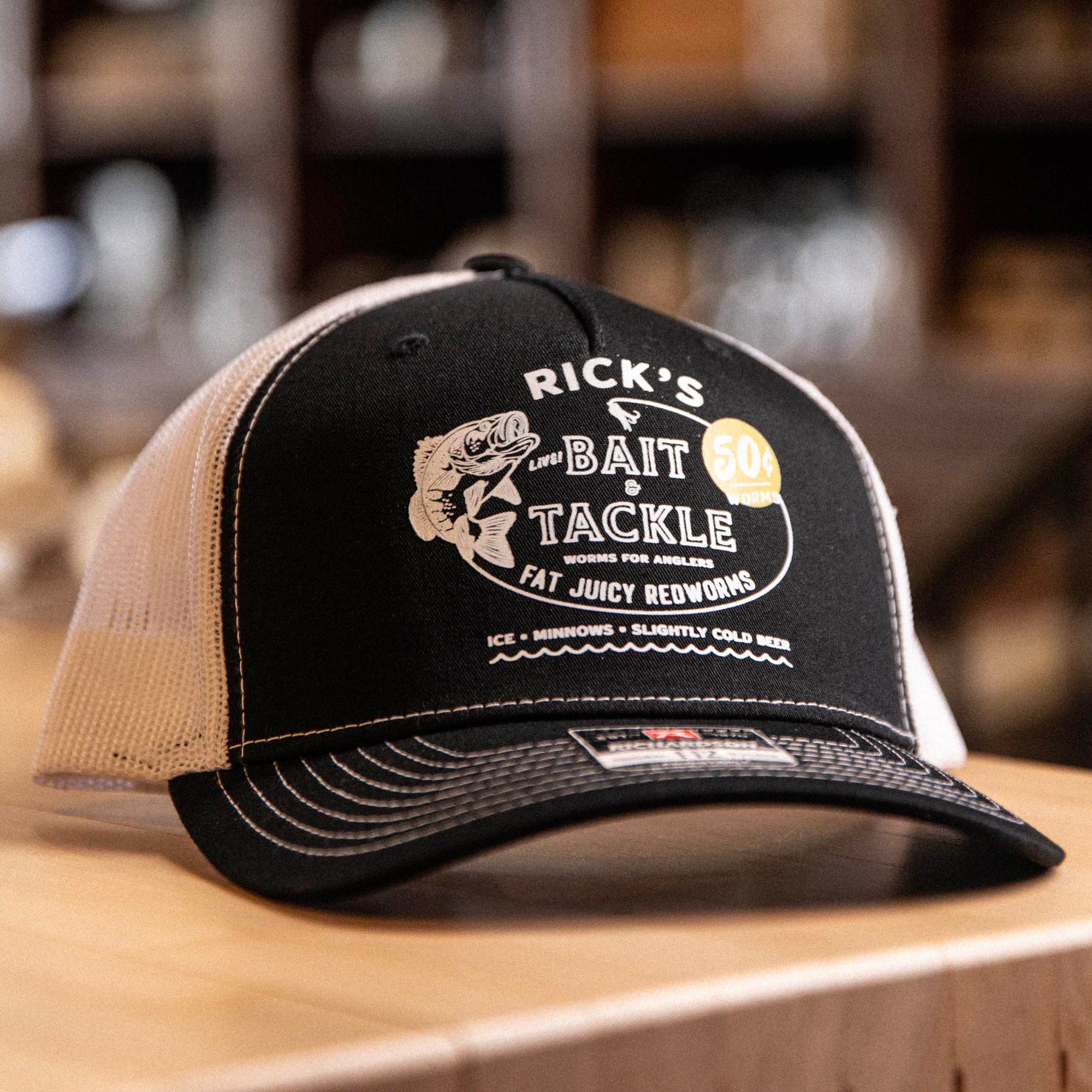 Custom Fishing Bait & Tackle Vintage Ink™ Logo Customized with Your Name ~ Richardson 112FP Five Panel Trucker Hat