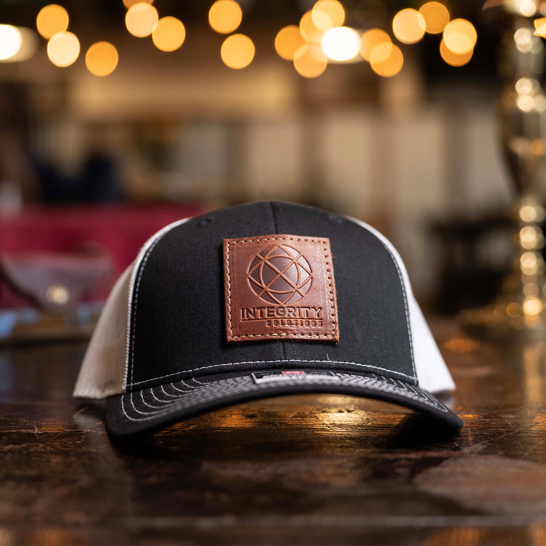 SALE - Debossed Heat Pressed - Black/White Richardson 112 Custom Leather Patch Trucker Hat
