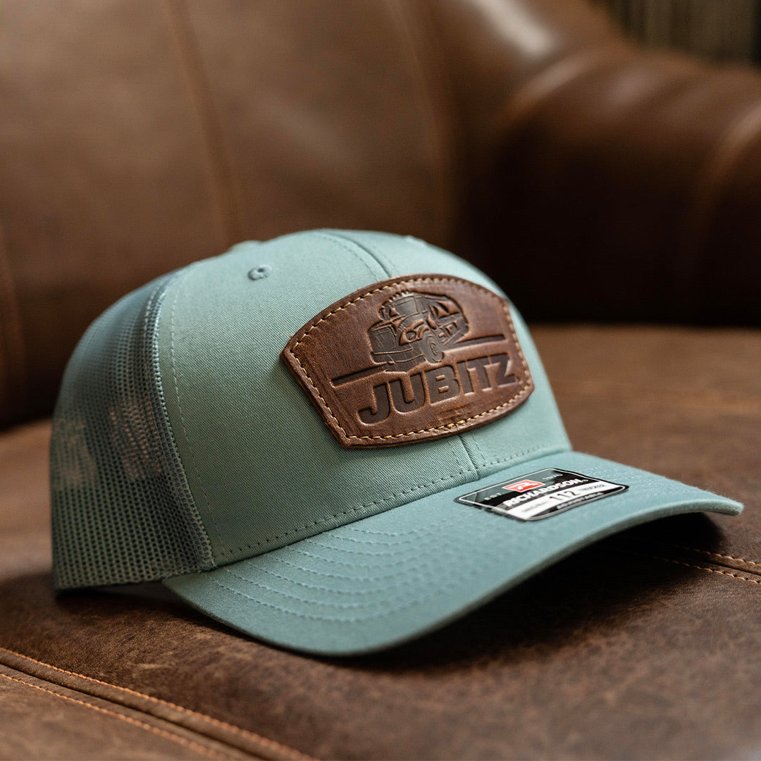 SALE - Debossed Heat Pressed - Smoke Blue Richardson 112 Custom Leather Patch Trucker Hat