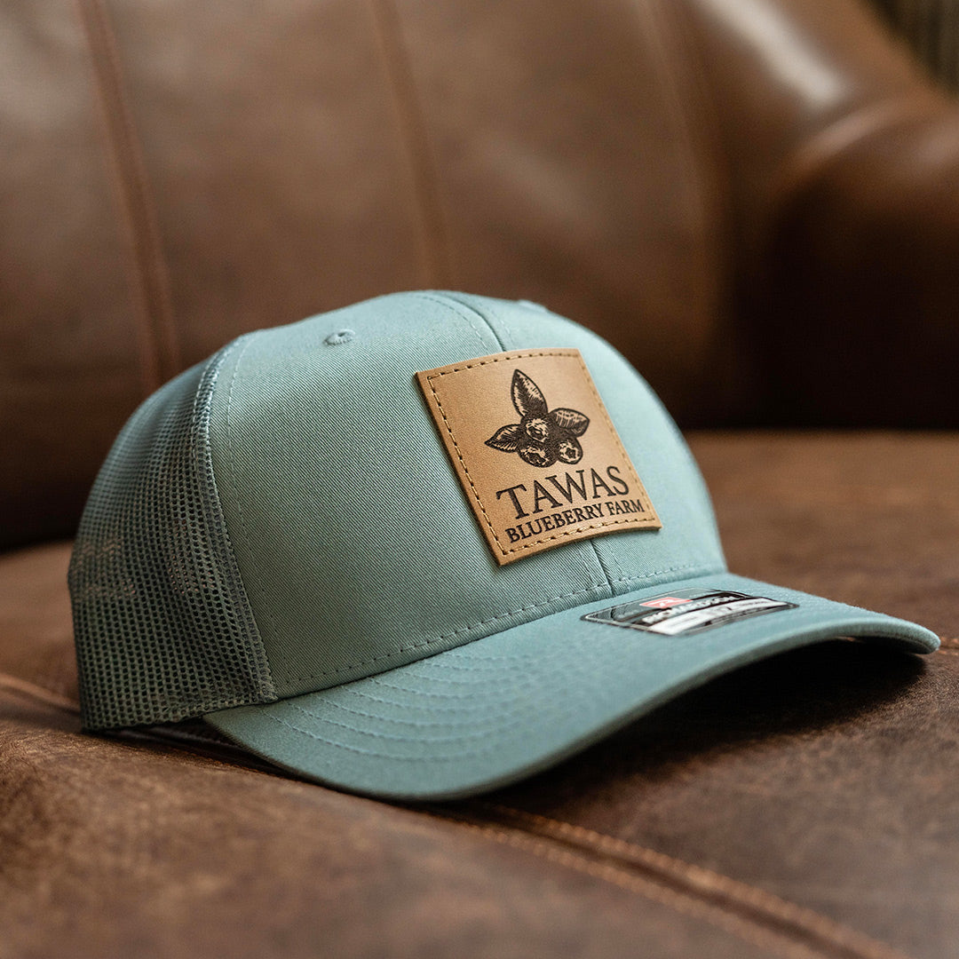 SALE - Lasered - Smoke Blue Richardson 112 Custom Leather Patch Trucker Hat