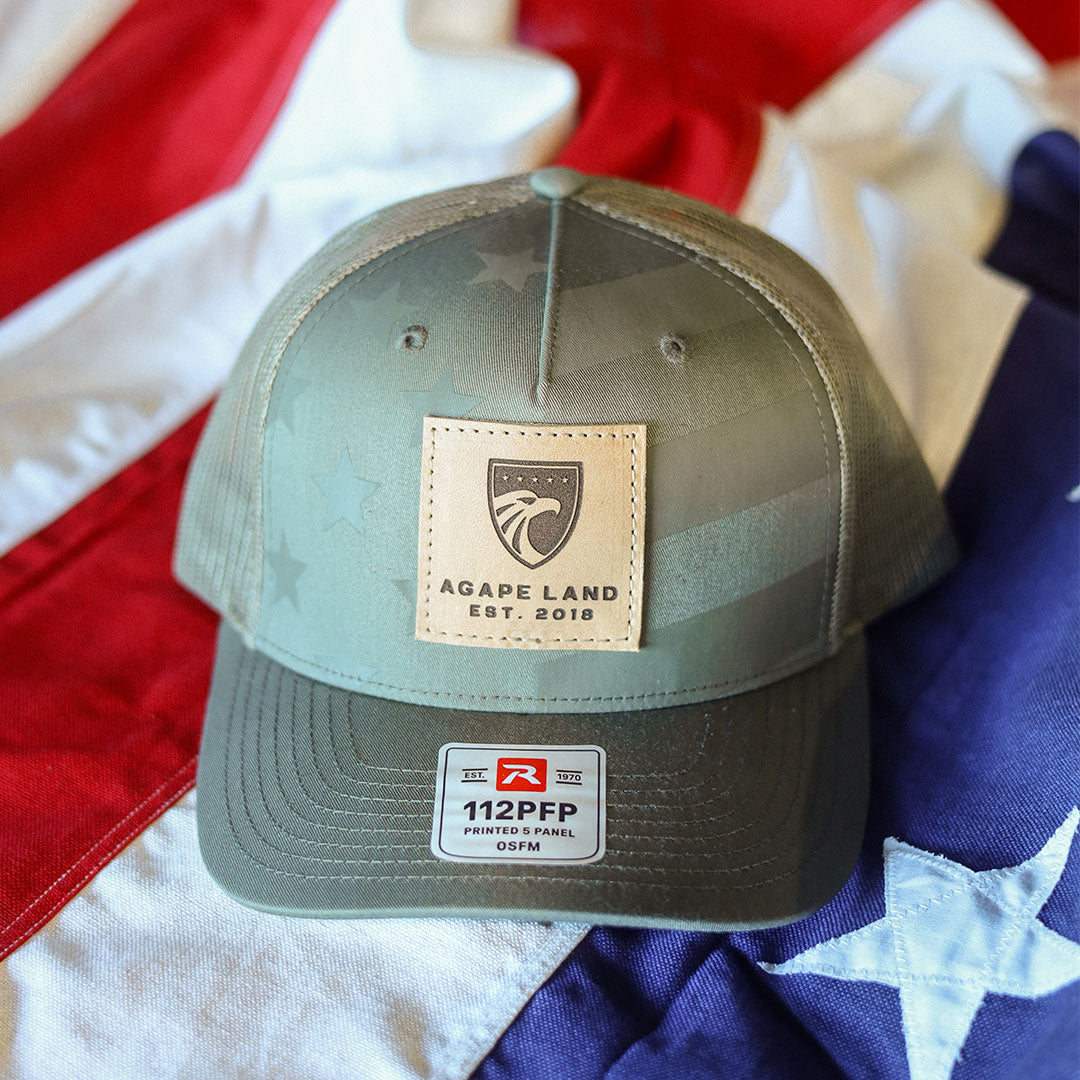 SALE - Lasered - Tonal Stars &amp; Stripes Richardson 112PFP Custom Leather Patch Trucker Hat
