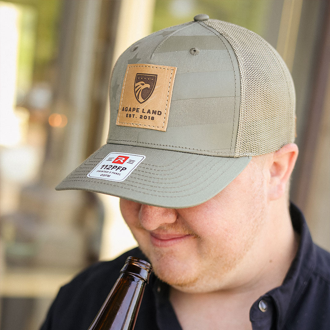 SALE - Lasered - Tonal Stars & Stripes Richardson 112PFP Custom Leather Patch Trucker Hat