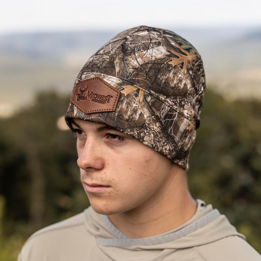 Camo Microfleece Beanie – Custom Leather Patch Richardson 121