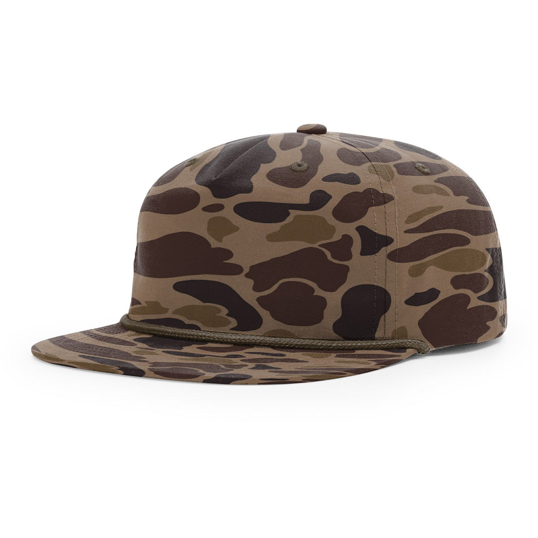 Debossed Leather Patch Flatbill Hat with Rope - Camo Richardson 256P - Customized with YOUR LOGO