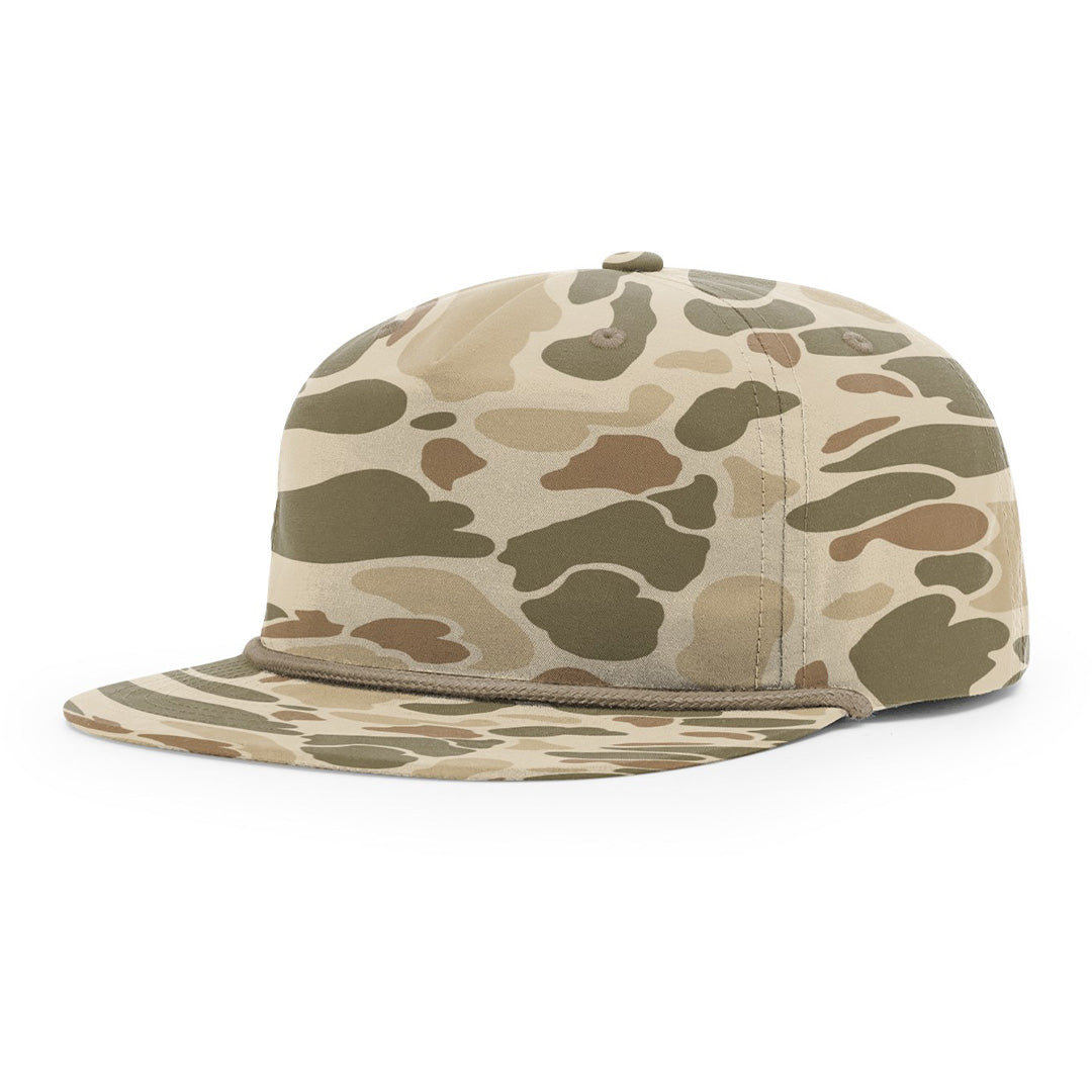 Debossed Leather Patch Flatbill Hat with Rope - Camo Richardson 256P - Customized with YOUR LOGO