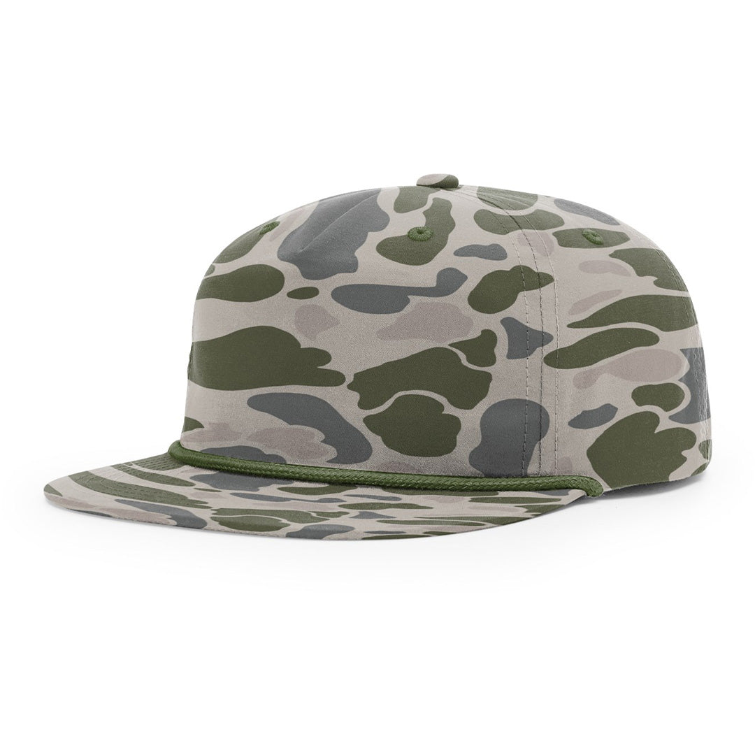 Debossed Leather Patch Flatbill Hat with Rope - Camo Richardson 256P - Customized with YOUR LOGO