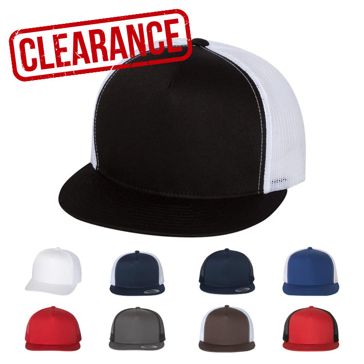 CLEARANCE - Yupoong 6006 Flat Bill Trucker Hat - 5 Panel - Customized with YOUR LOGO