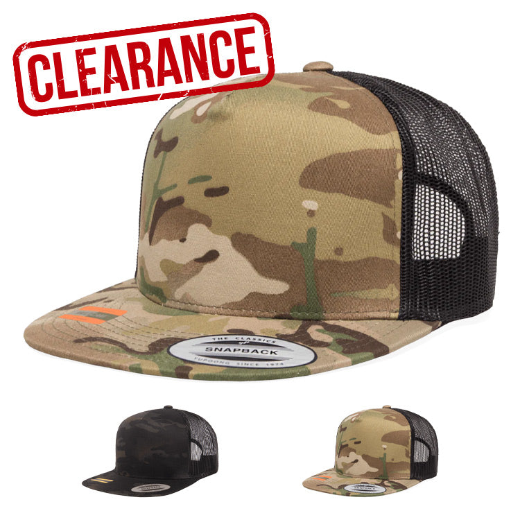 CLEARANCE - Yupoong 6006MC Camo Flat Bill Trucker Hat - 5 Panel - Customized with YOUR LOGO