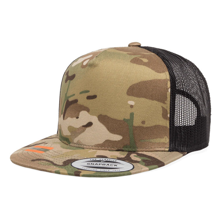 CLEARANCE - Yupoong 6006MC Camo Flat Bill Trucker Hat - 5 Panel - Customized with YOUR LOGO