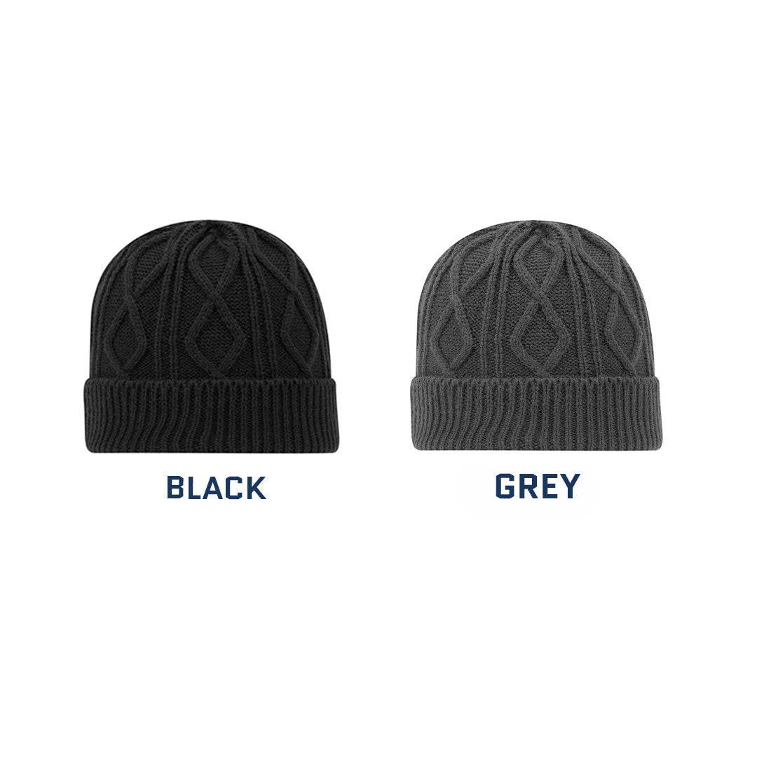 Two cable-knit beanie hats shown side by side on a white background, labeled BLACK and NAVY underneath. The left hat is black and the right hat is dark navy blue.