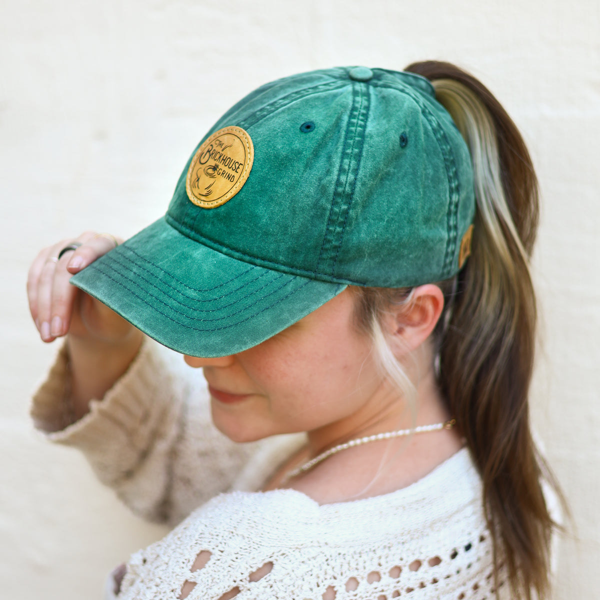 Lasered Leather Patch Hat - CASSIE Women's Ponytail Hat Relaxed Fit - Customized with YOUR LOGO